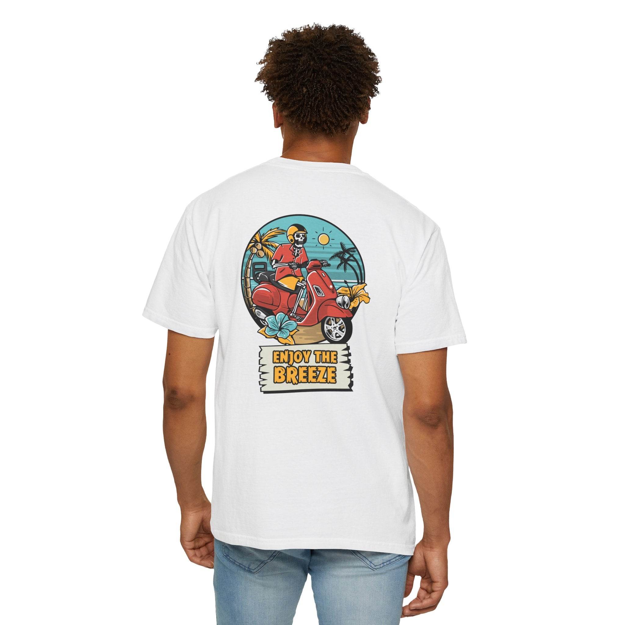 Printify eco-friendly unisex t-shirt with colorful scooter and enjoy the breeze graphic on back