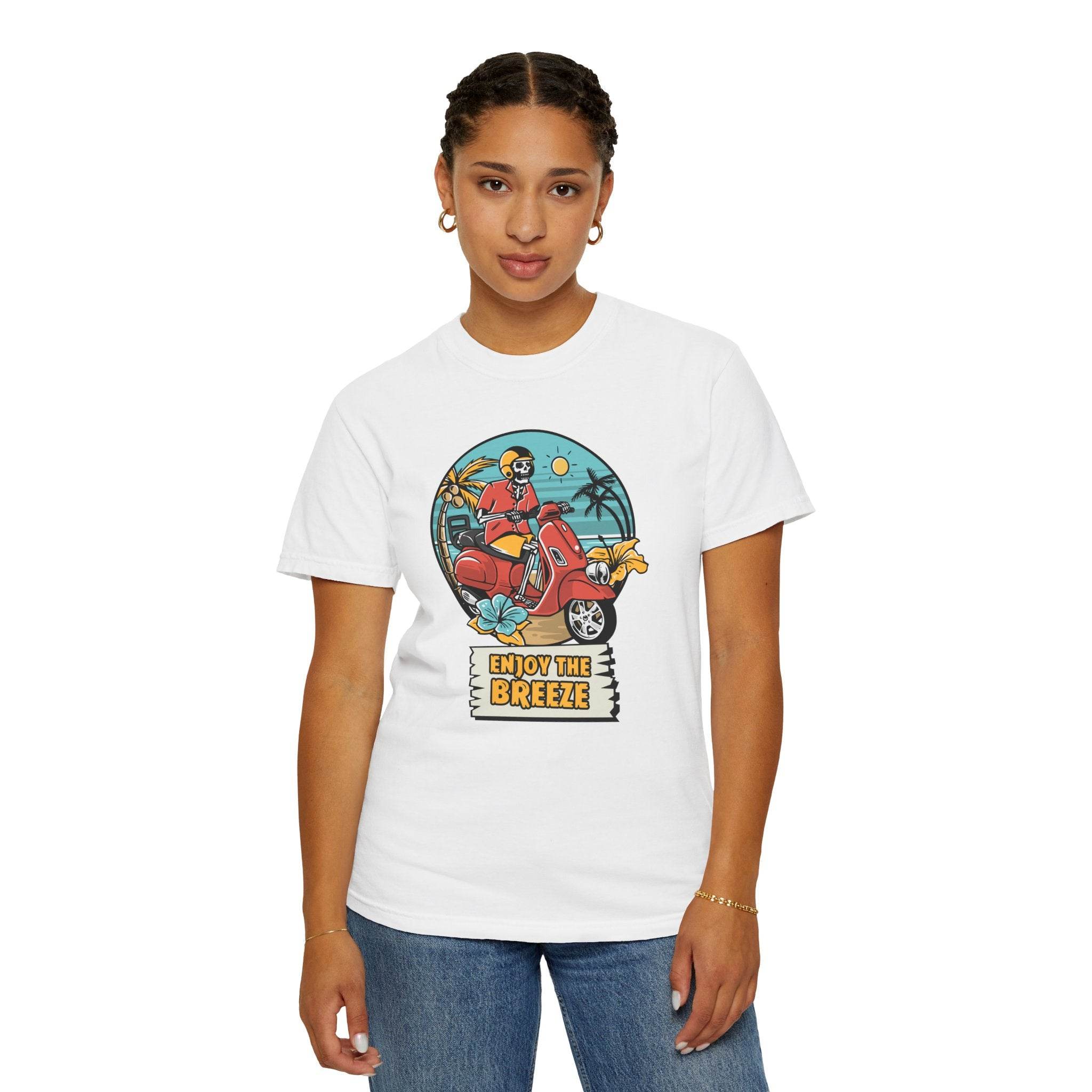 Printify eco-friendly unisex t-shirt with colorful scooter graphic and enjoy the breeze text