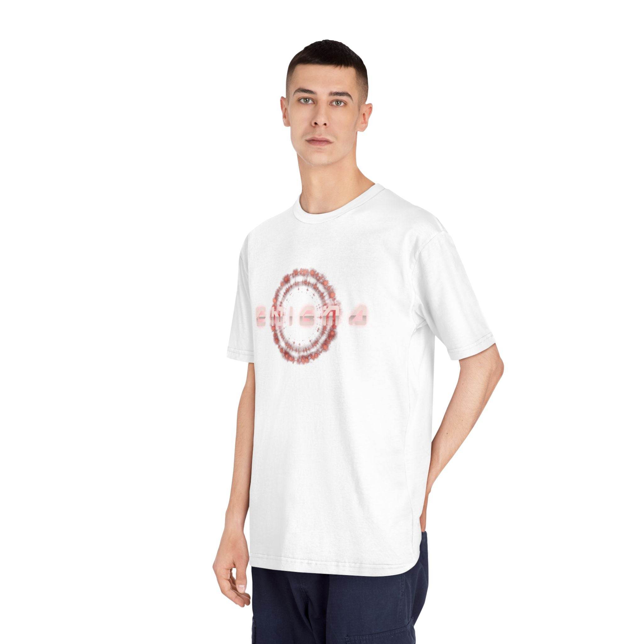 Printify eco-friendly unisex t-shirt in white worn by male model with graphic design on front