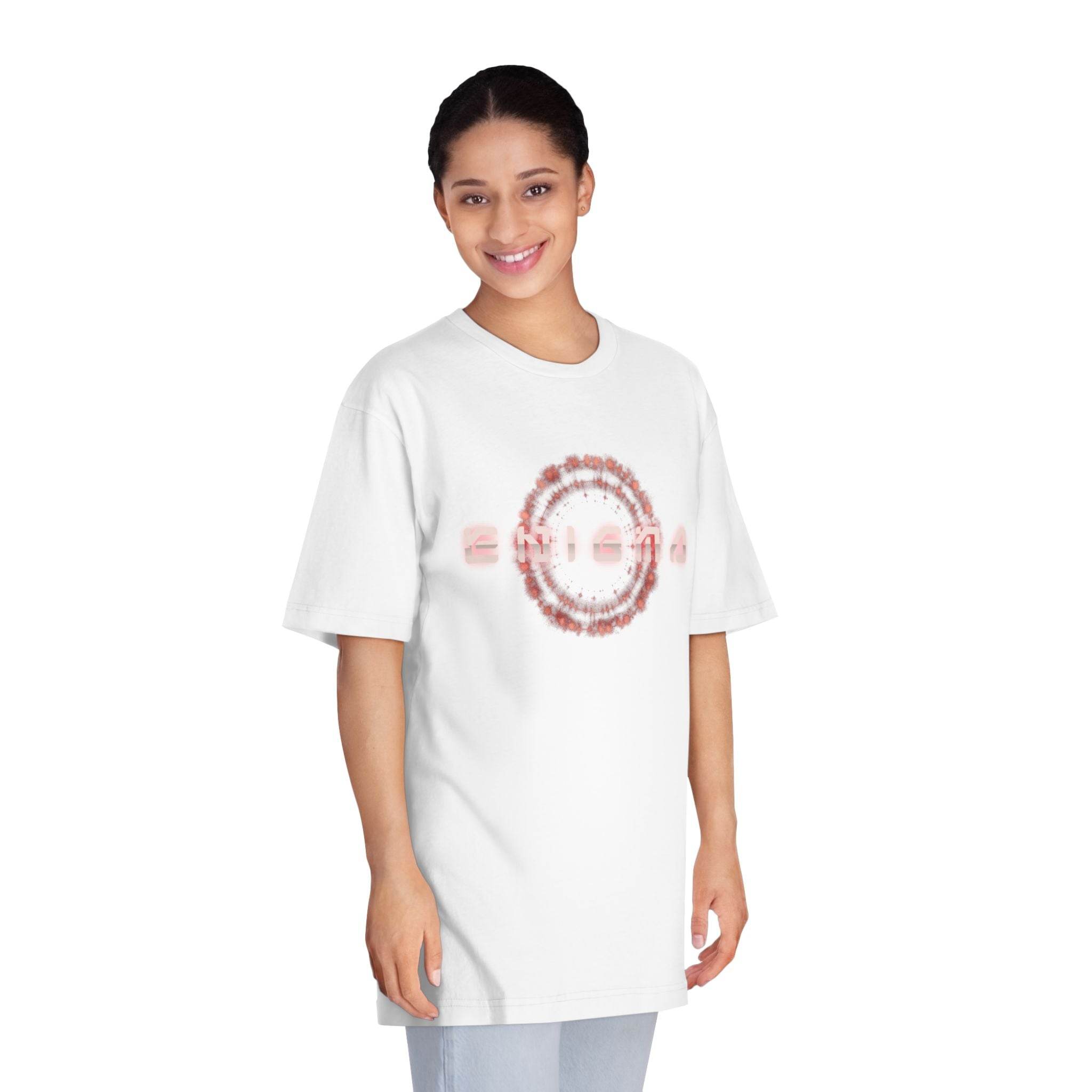 Printify eco-friendly unisex t-shirt in white worn by smiling woman with circular design