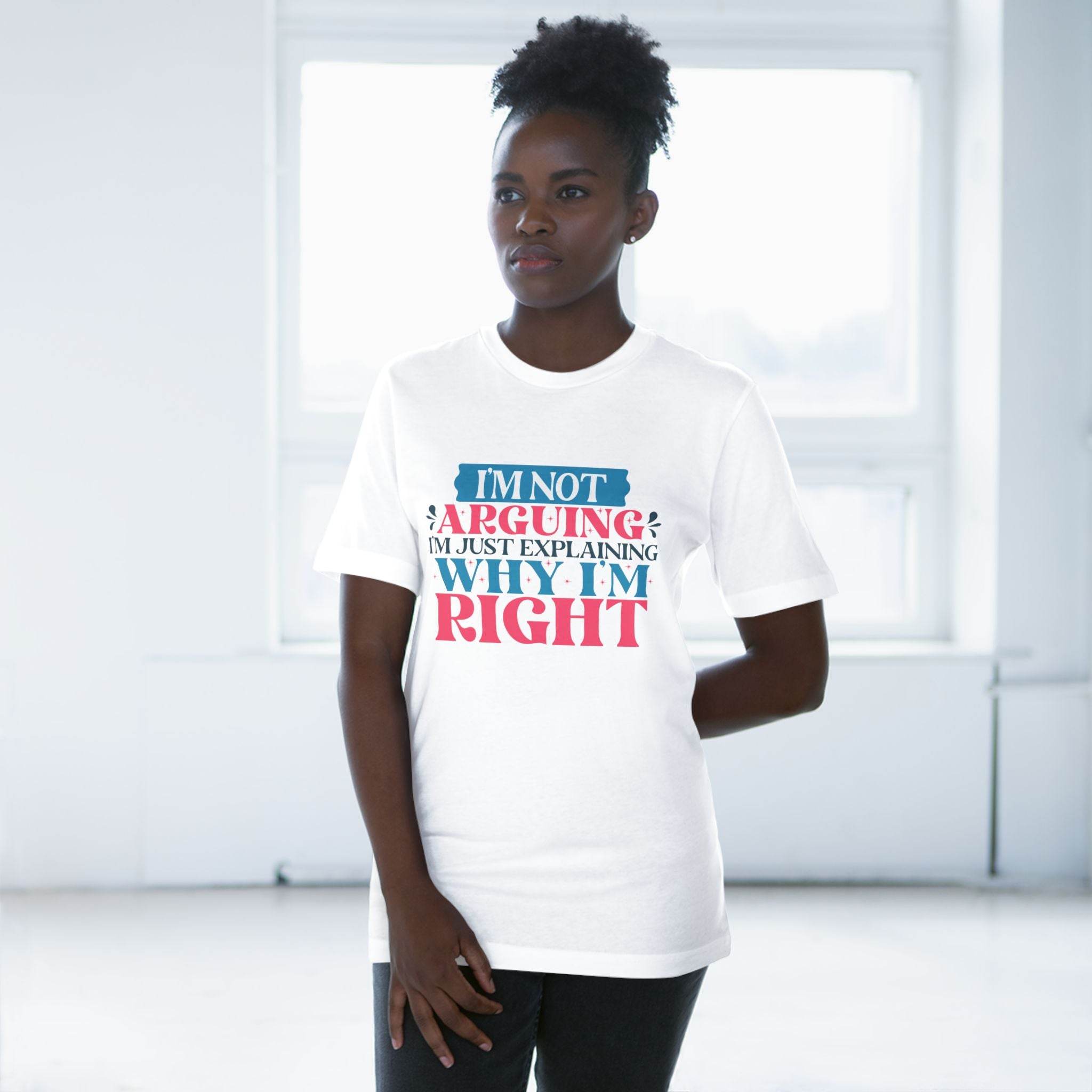 Printify white eco-friendly unisex t-shirt with bold text design worn by woman indoors