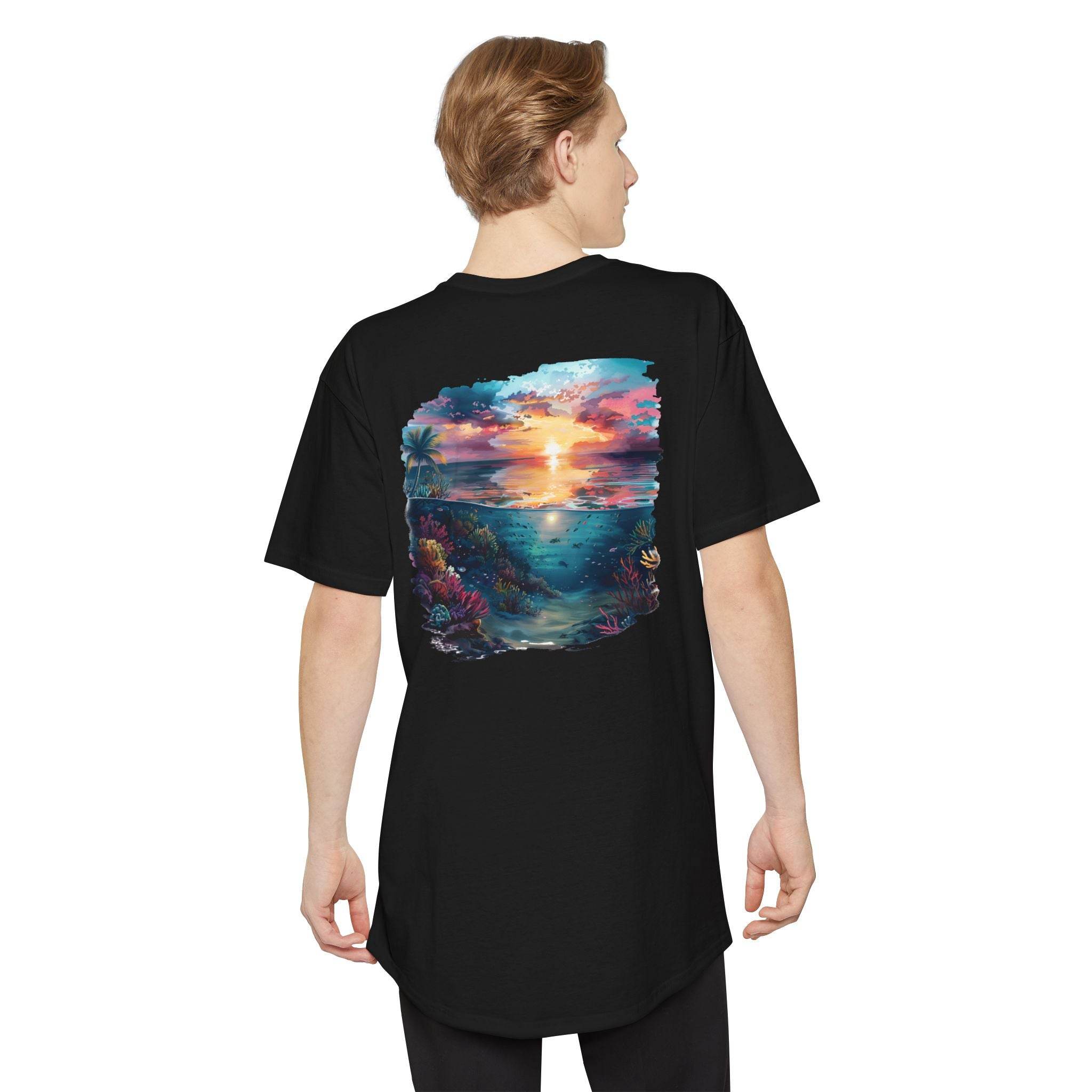 Printify eco-friendly unisex urban tee in black featuring a colorful sunset ocean graphic on the back