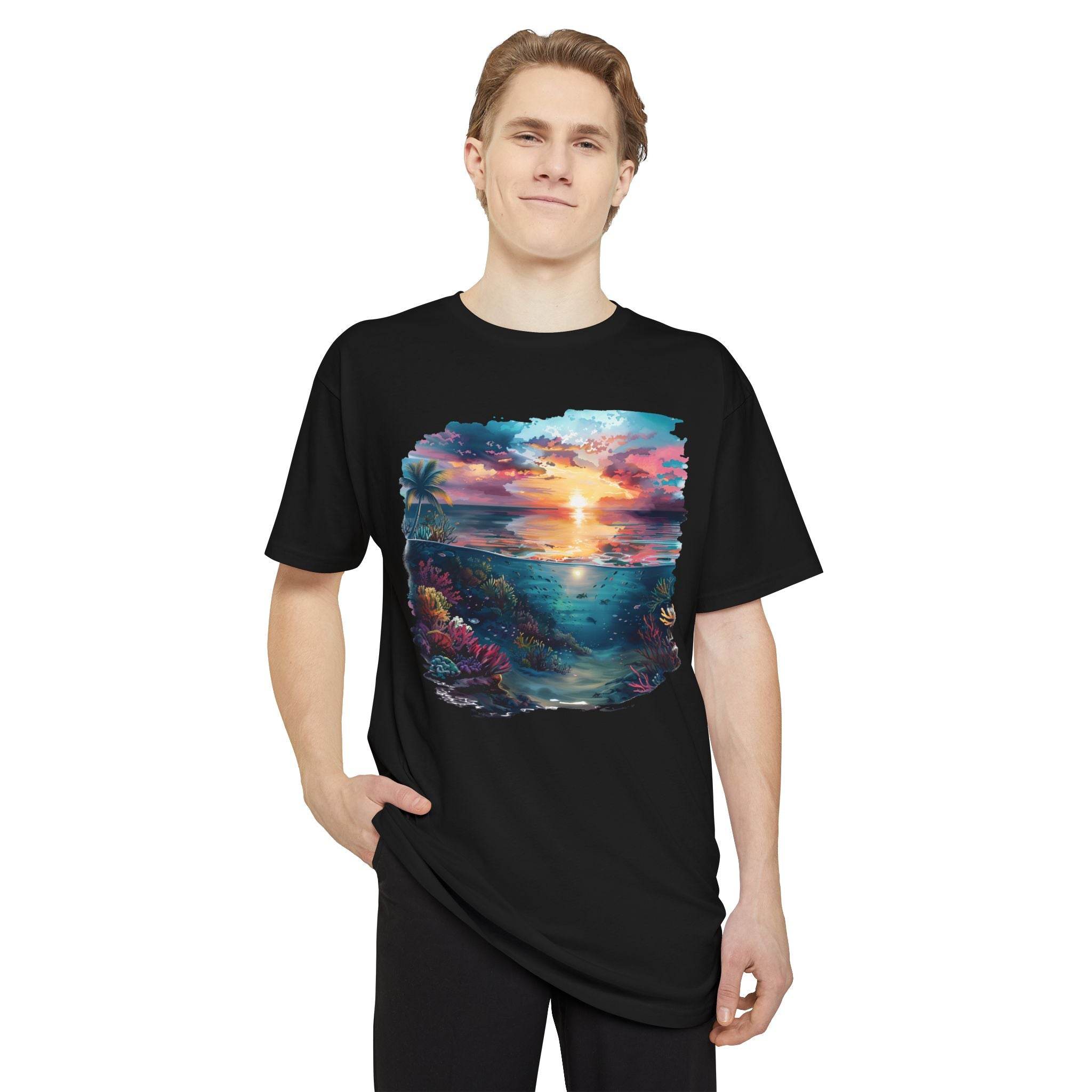 Printify eco-friendly unisex urban tee black with colorful ocean sunset and coral reef graphic