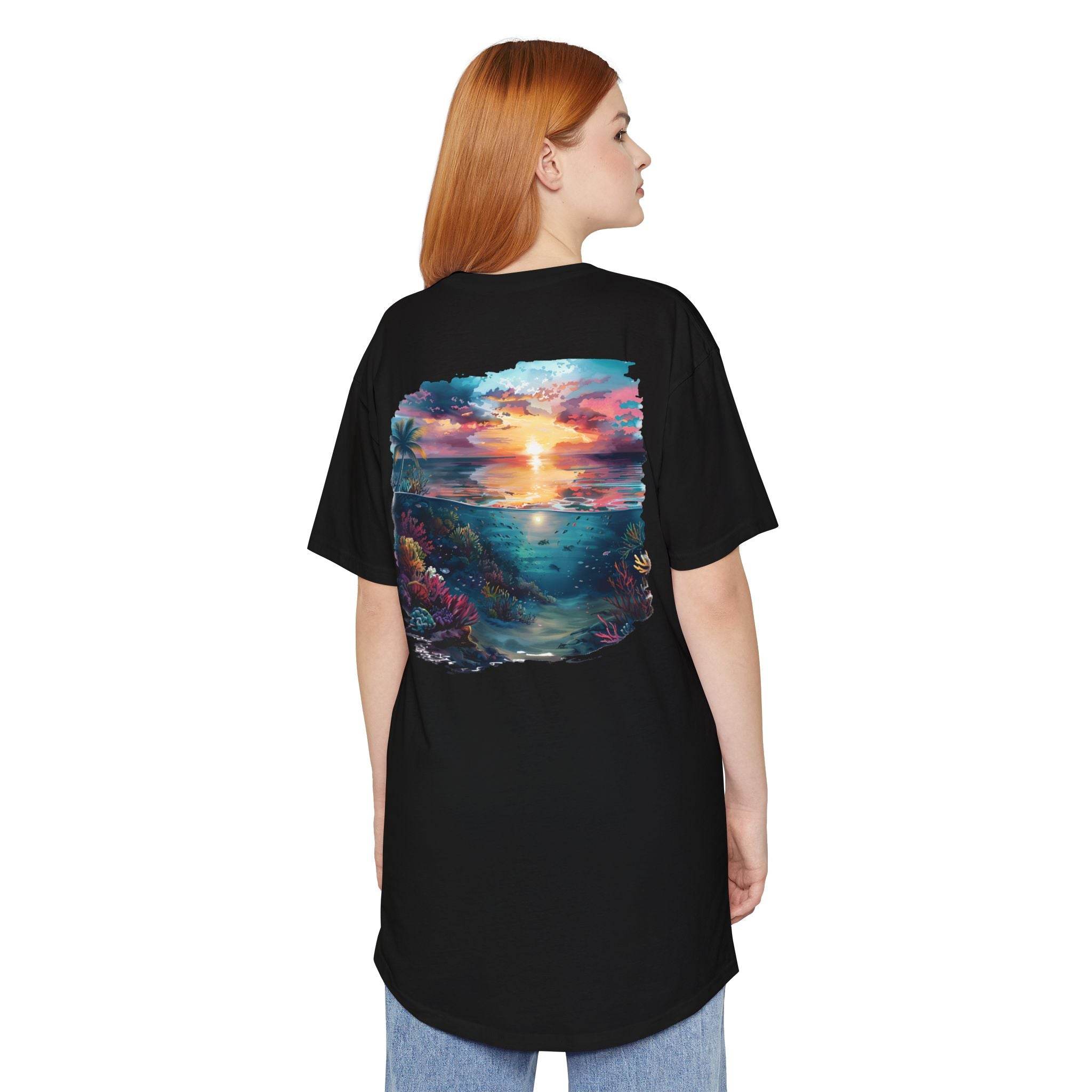 Printify eco-friendly unisex urban tee black with colorful ocean sunset design on the back