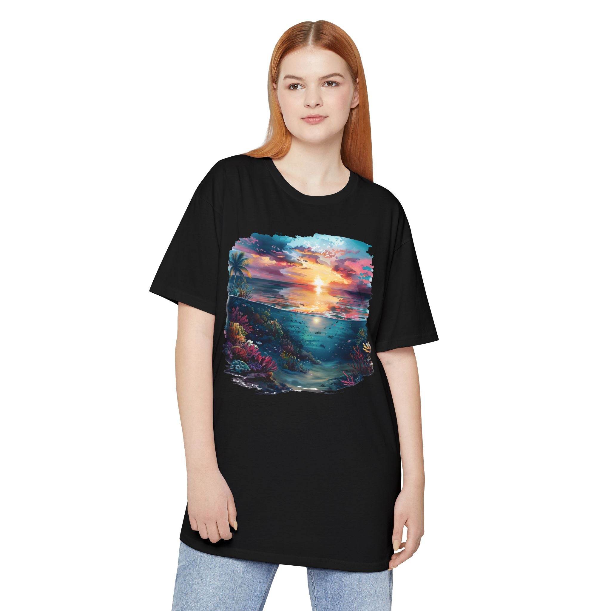 Printify eco-friendly unisex urban tee in black with colorful sunset beach graphic design