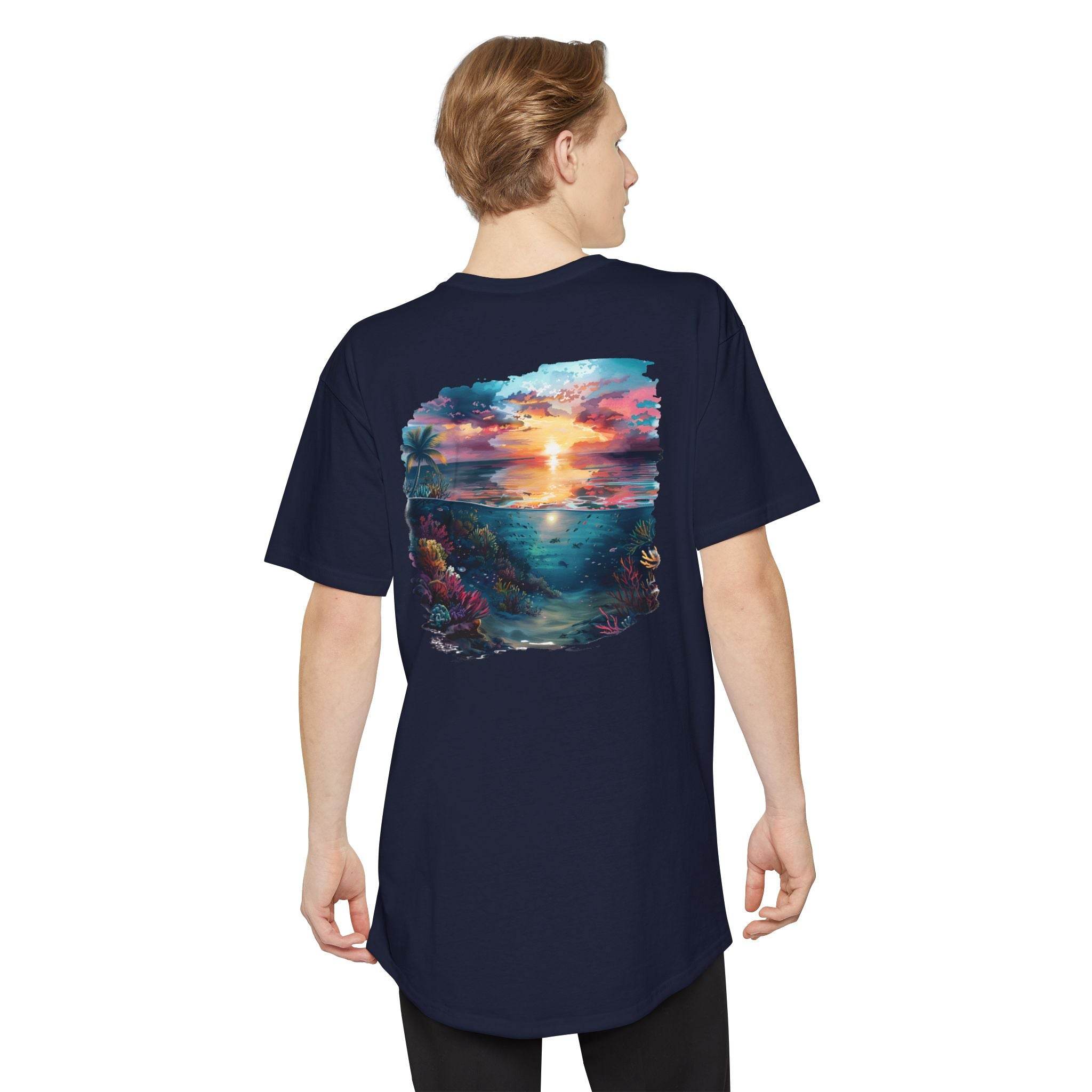 Printify eco-friendly unisex urban tee in navy with vibrant ocean sunset design on back