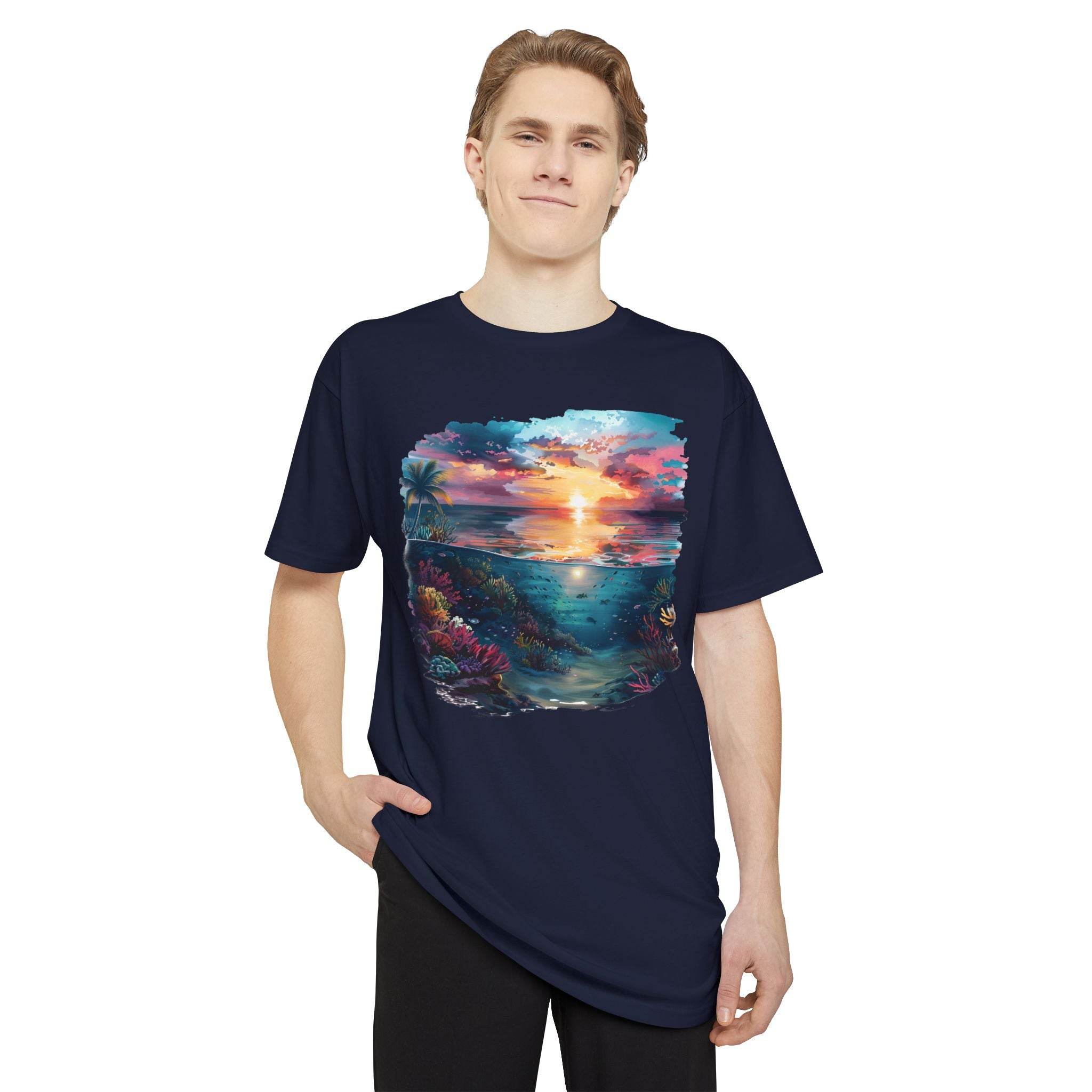 Printify eco-friendly unisex urban tee with colorful sunset and ocean graphic on navy blue fabric
