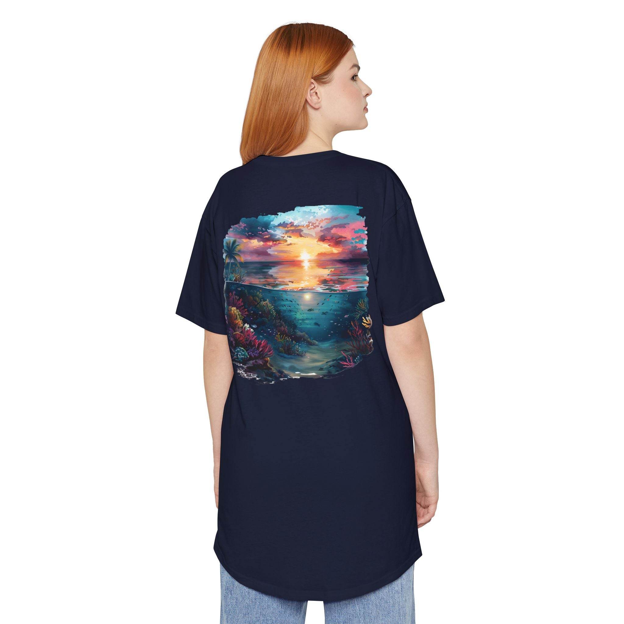 Printify eco-friendly unisex urban tee in navy with vibrant sunset and underwater coral reef design