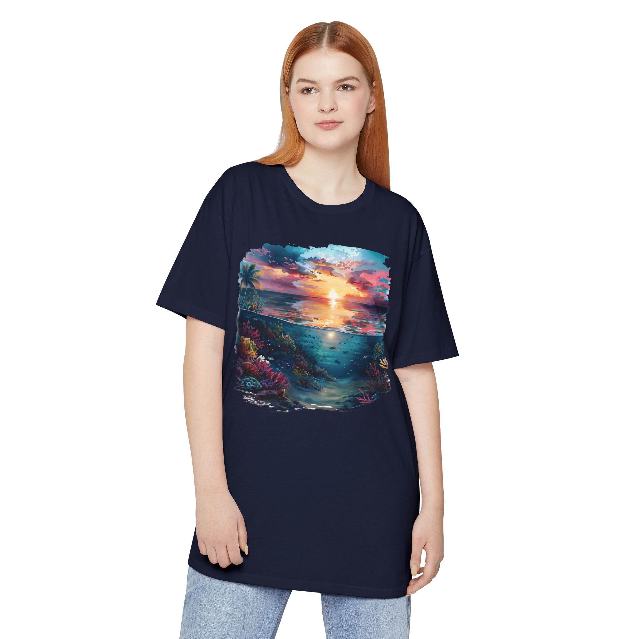 Printify eco-friendly unisex urban tee in navy with colorful sunset ocean graphic worn by model