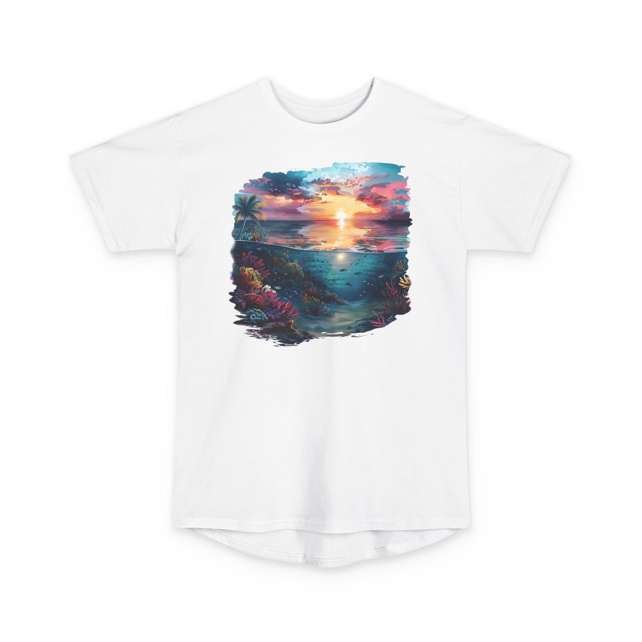 Printify white eco-friendly unisex urban tee featuring a vibrant sunset ocean scene with palm trees and coral