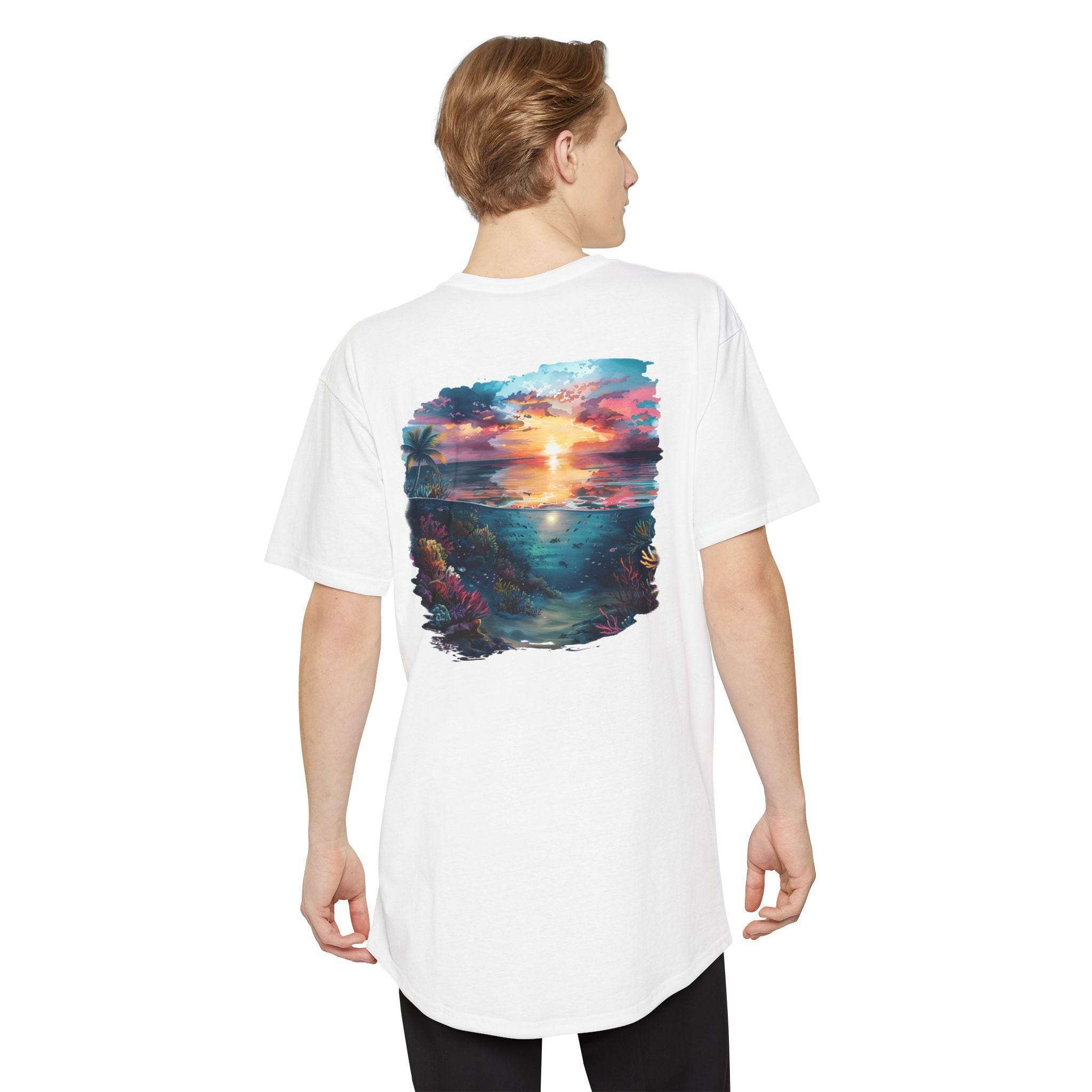 Printify eco-friendly unisex urban tee in white featuring a colorful sunset and underwater scene graphic on the back