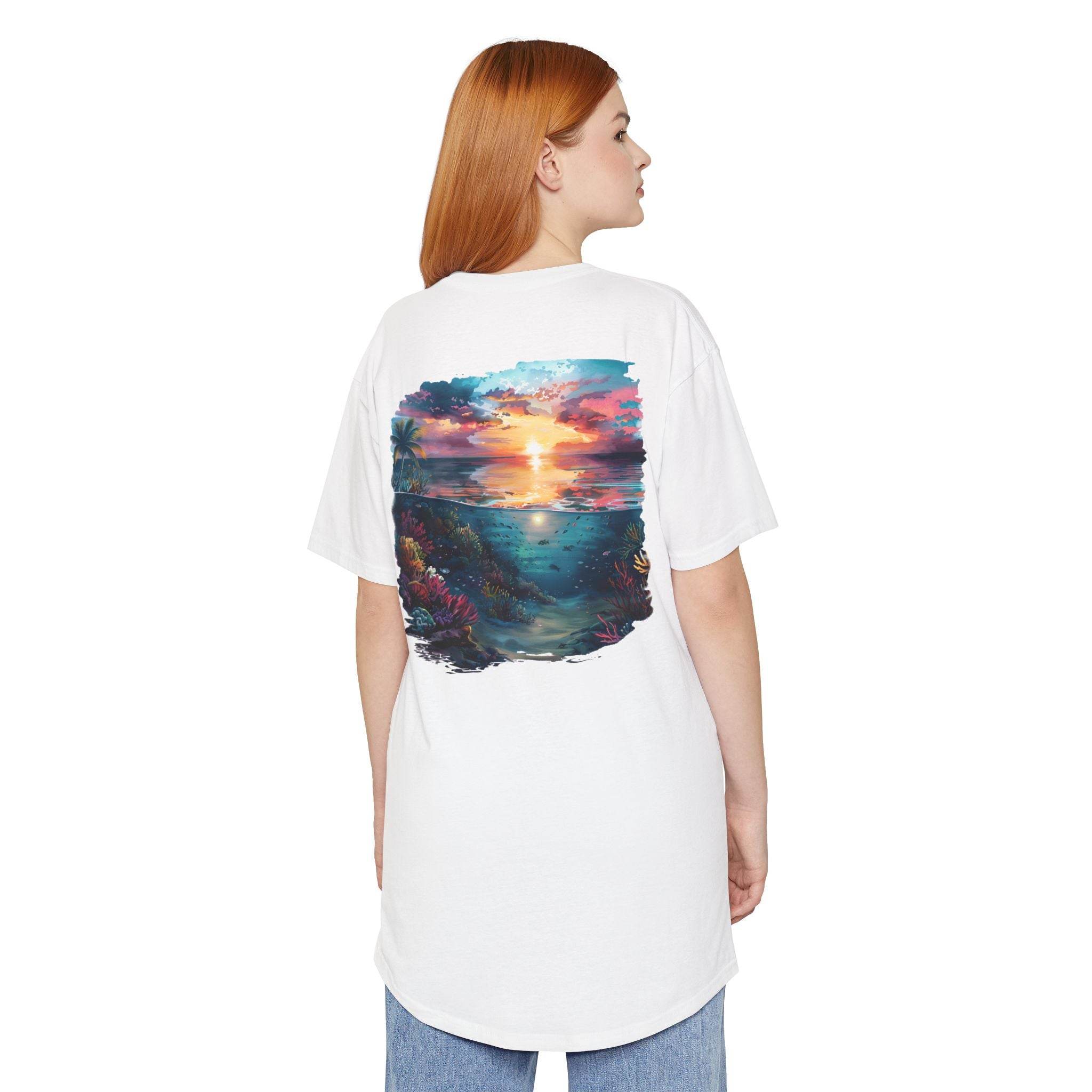 Printify eco-friendly unisex urban tee with colorful sunset ocean graphic on back