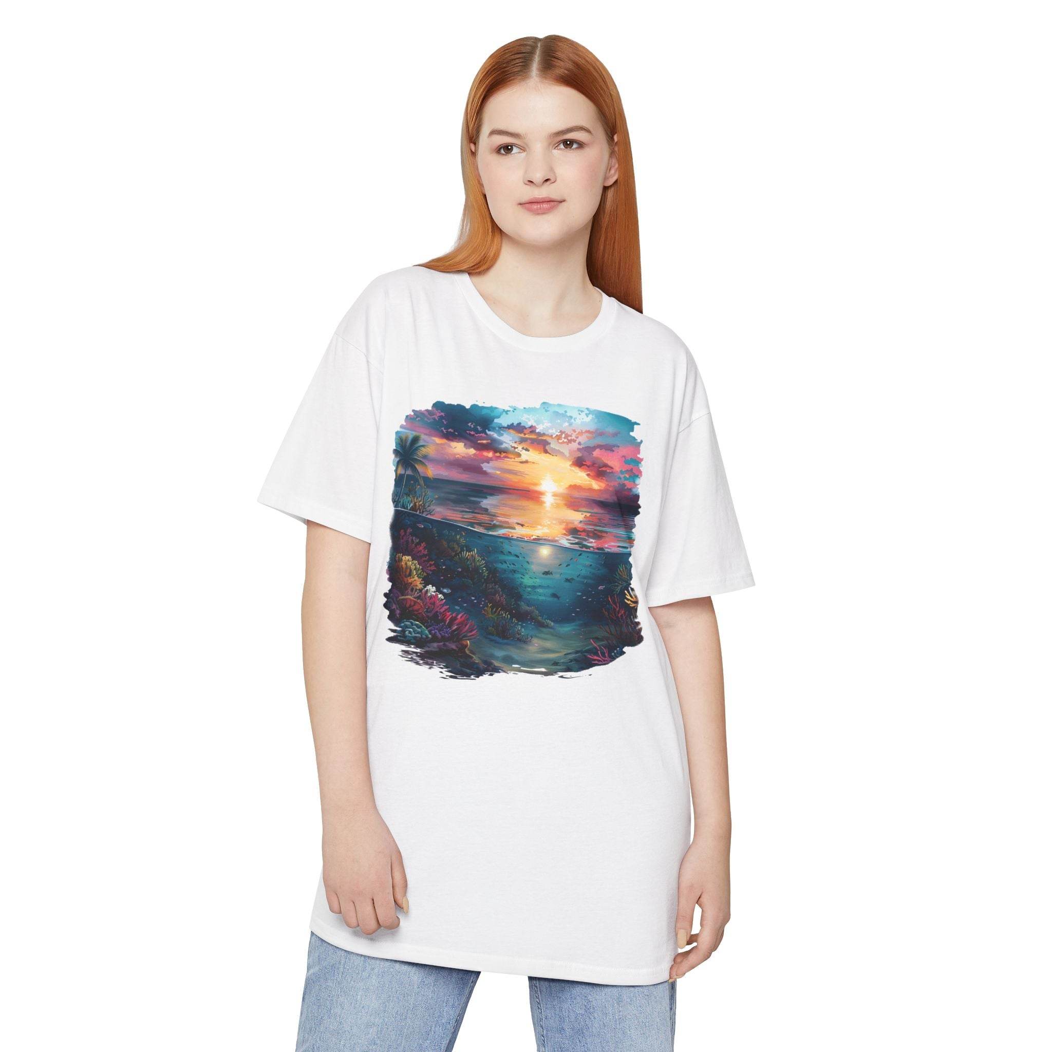 Printify eco-friendly unisex urban tee with colorful sunset ocean graphic worn by female model