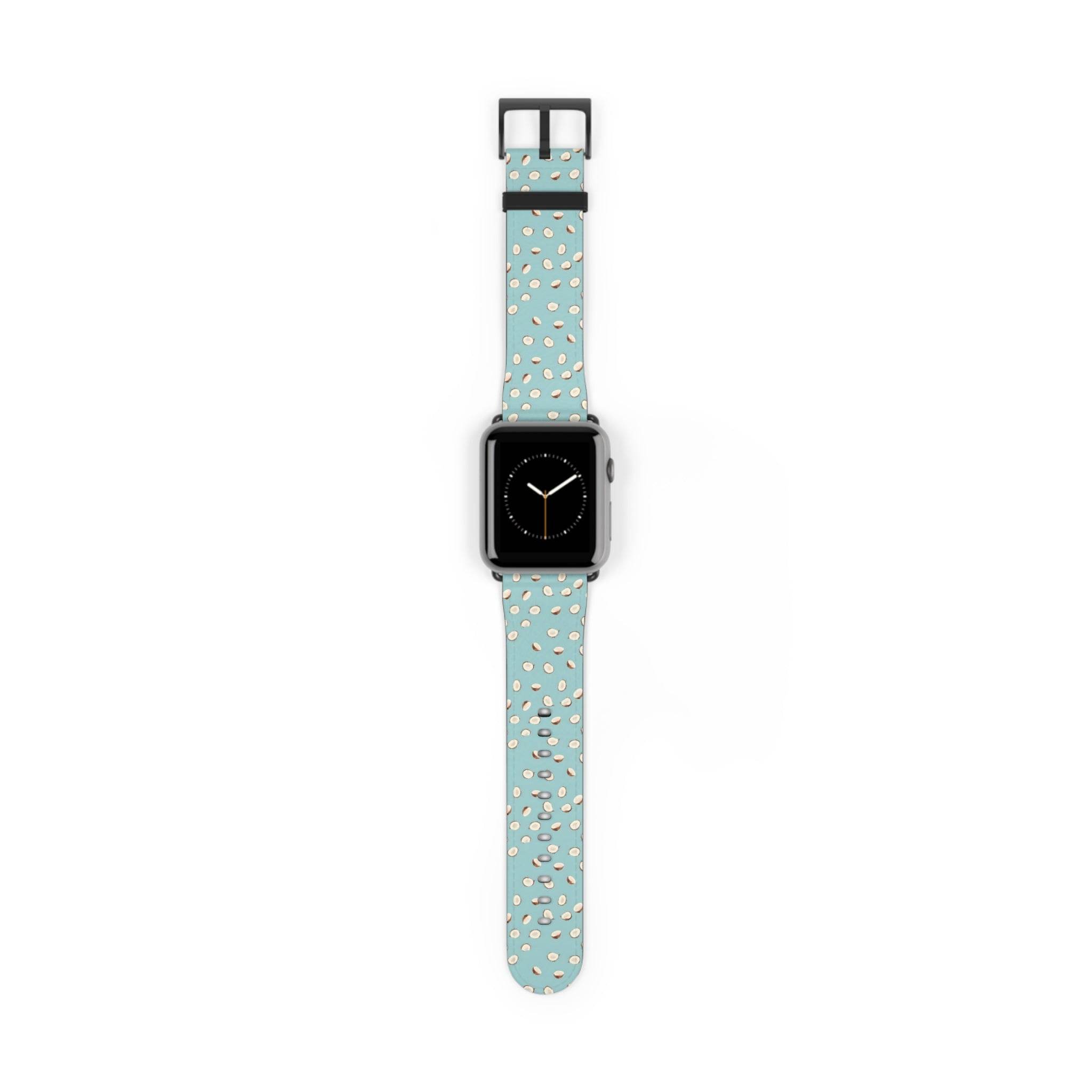 Printify eco-friendly watch band with light blue and white floral pattern on smartwatch