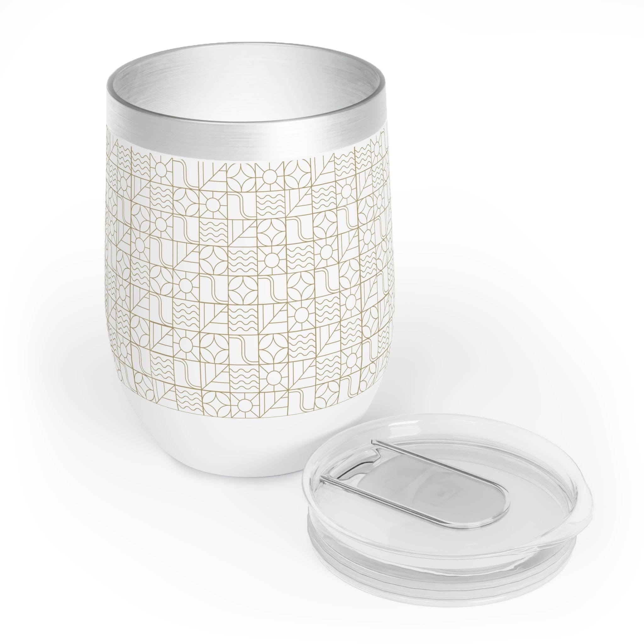 Printify eco-friendly wine tumbler with geometric pattern and clear removable lid