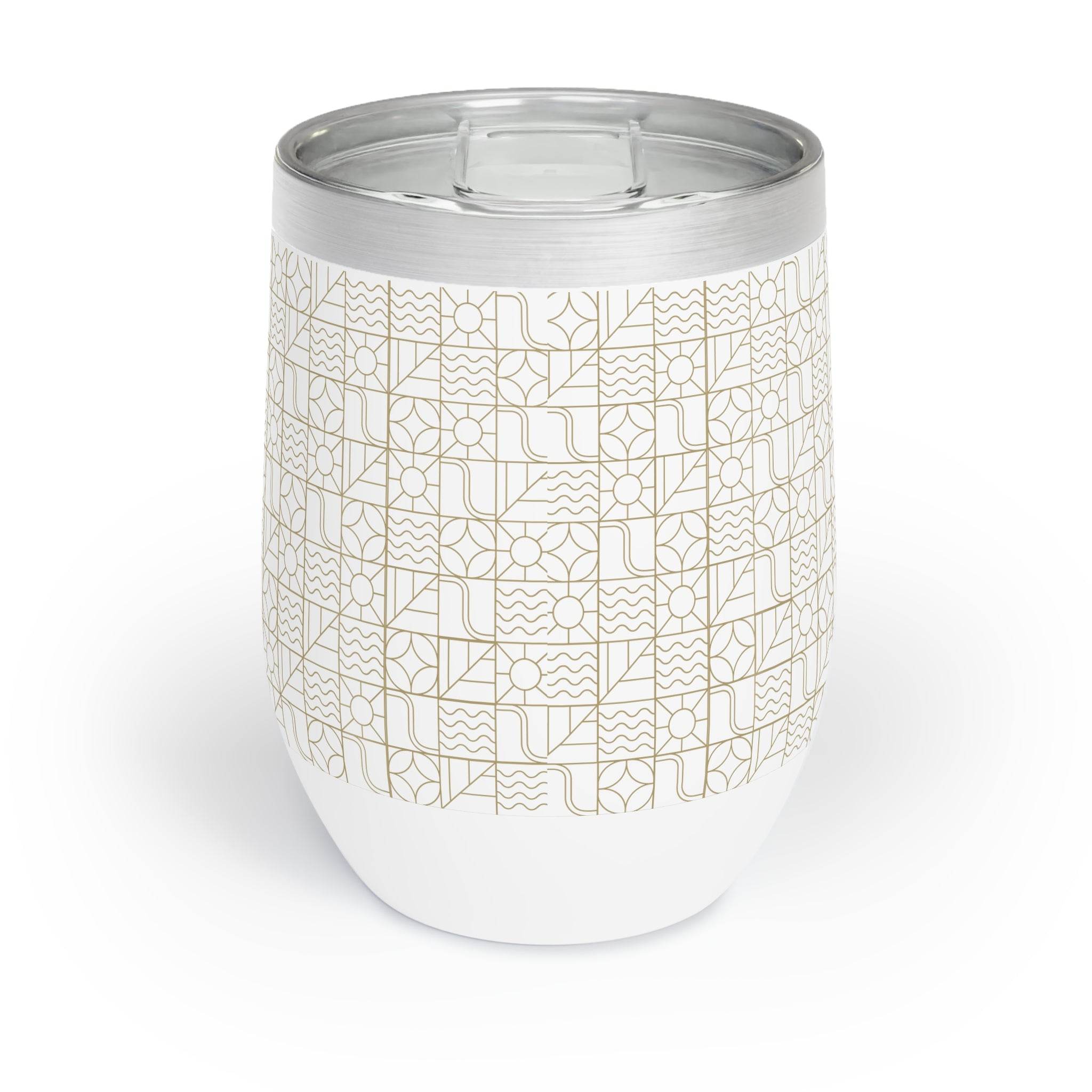 Printify eco-friendly wine tumbler with geometric pattern and stainless steel lid white base