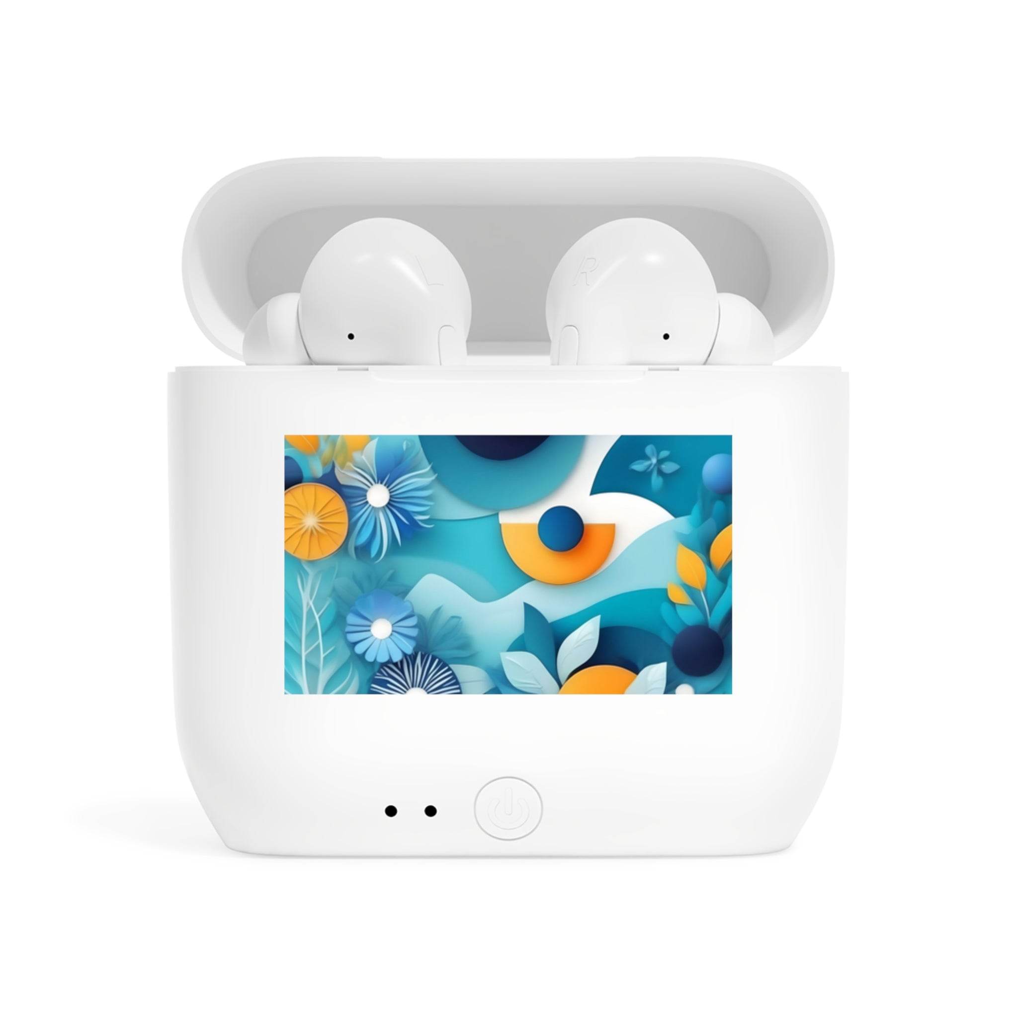 Printify eco-friendly wireless earbuds in white with colorful floral design on charging case