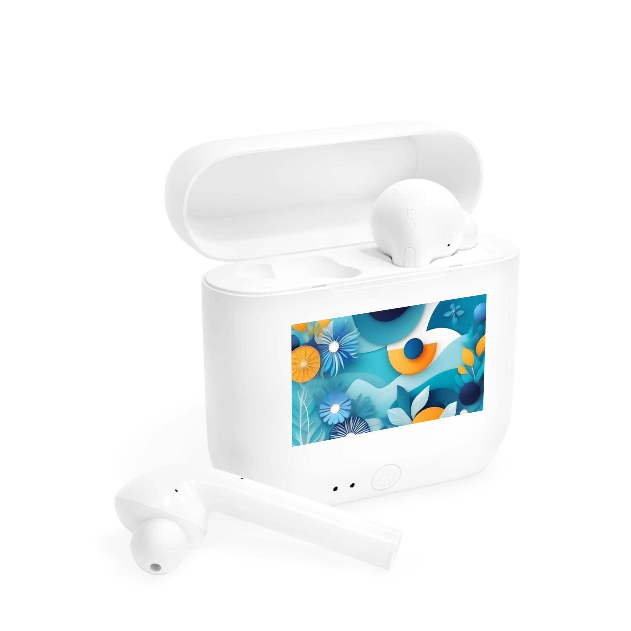 White eco-friendly wireless earbuds with floral design charging case by Printify