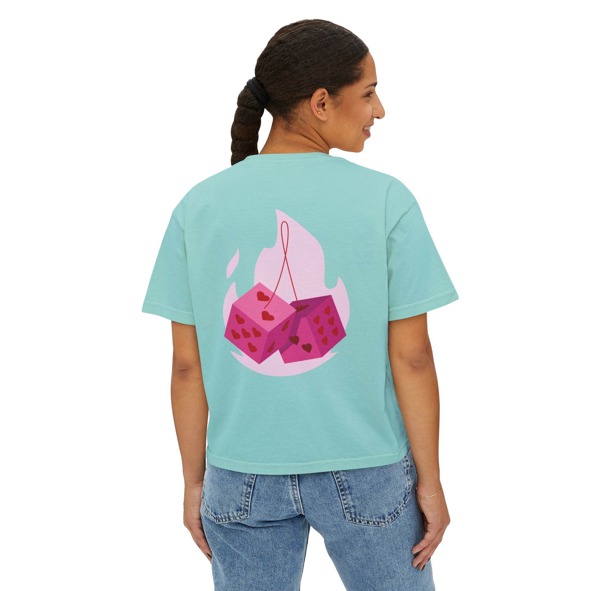 Printify eco-friendly women boxy tee in light blue with pink dice graphic on the back