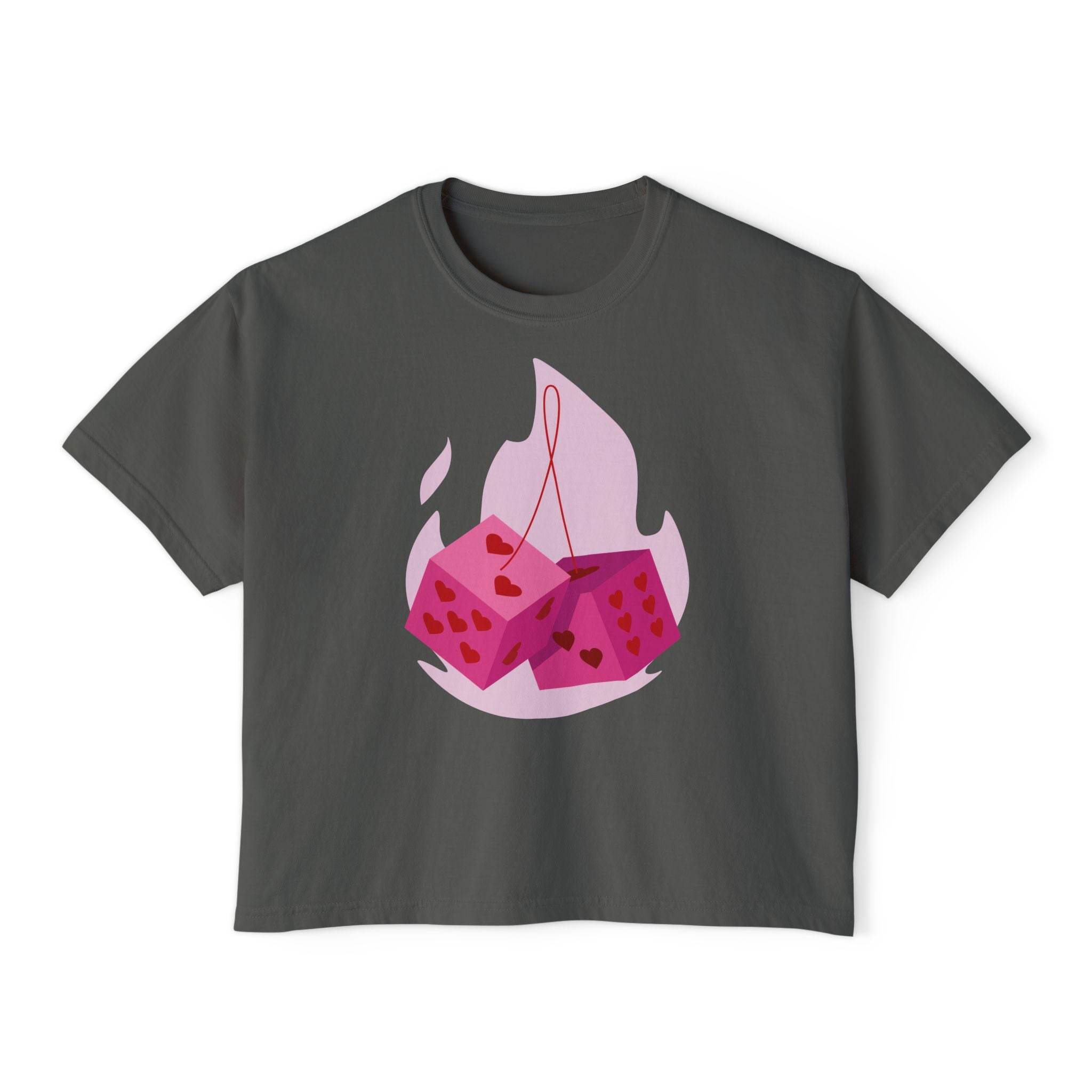 Printify eco-friendly women boxy tee in dark gray with pink dice and heart design