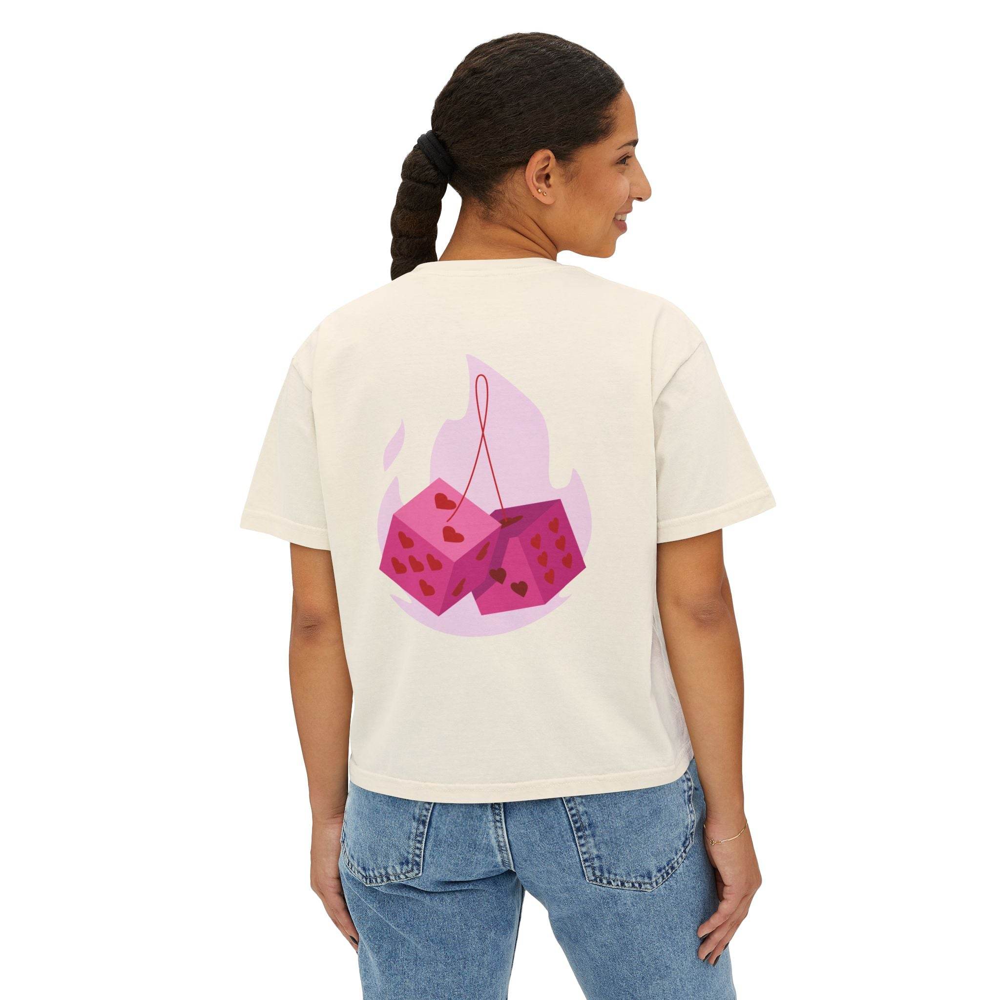 Printify eco-friendly women boxy tee in white with pink dice graphic on the back