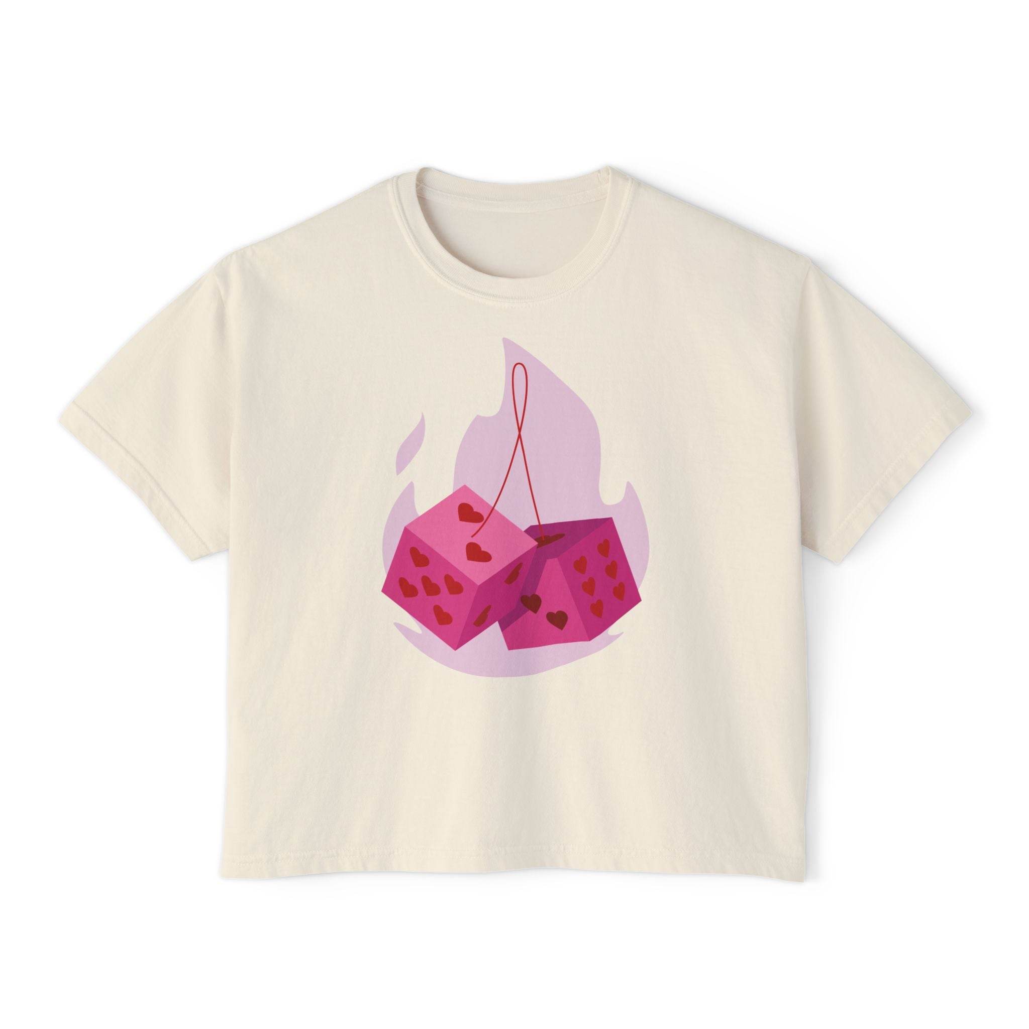 Printify eco-friendly women boxy tee in cream with pink dice and heart graphic design