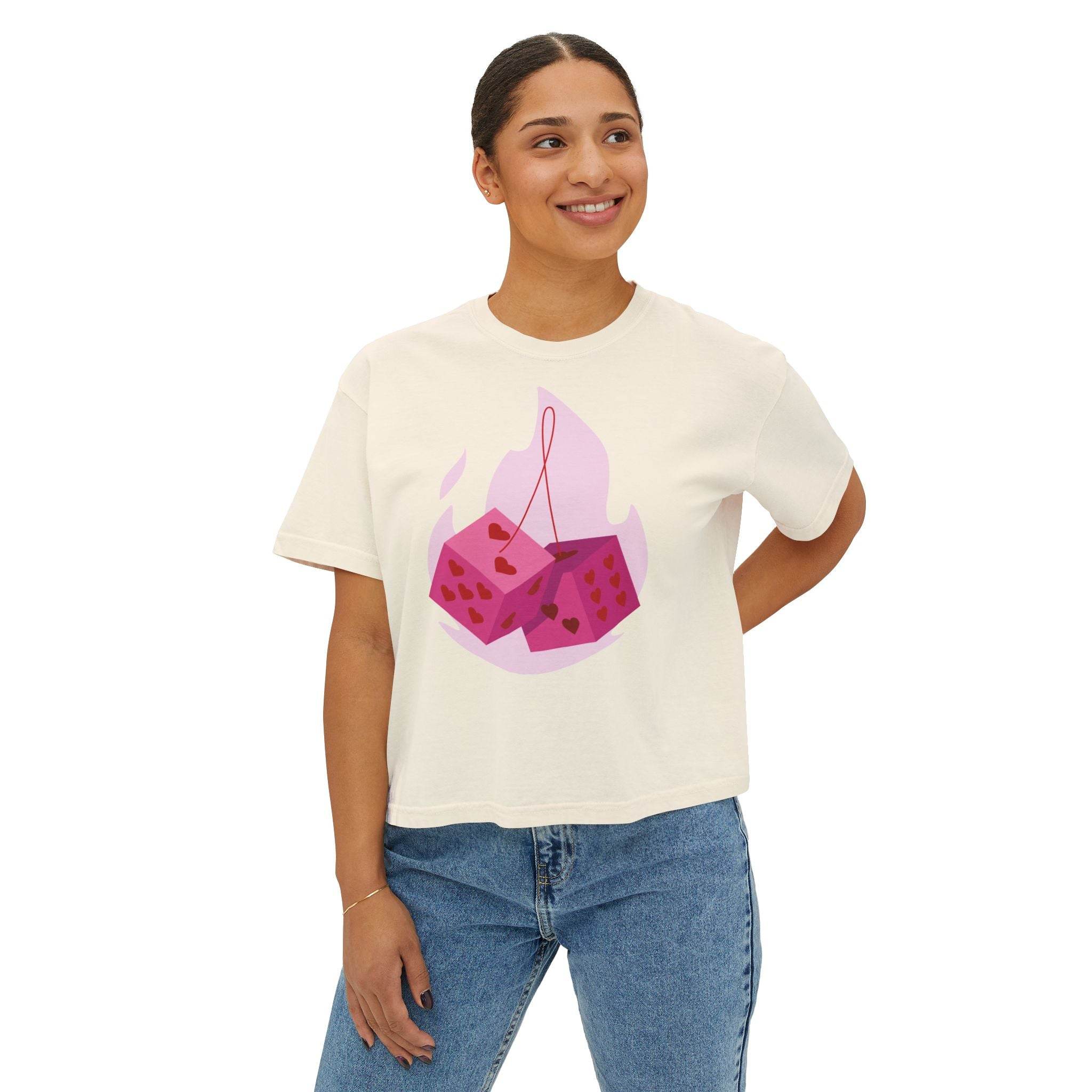 Eco-friendly women boxy tee by Printify featuring a pink dice graphic worn with blue jeans