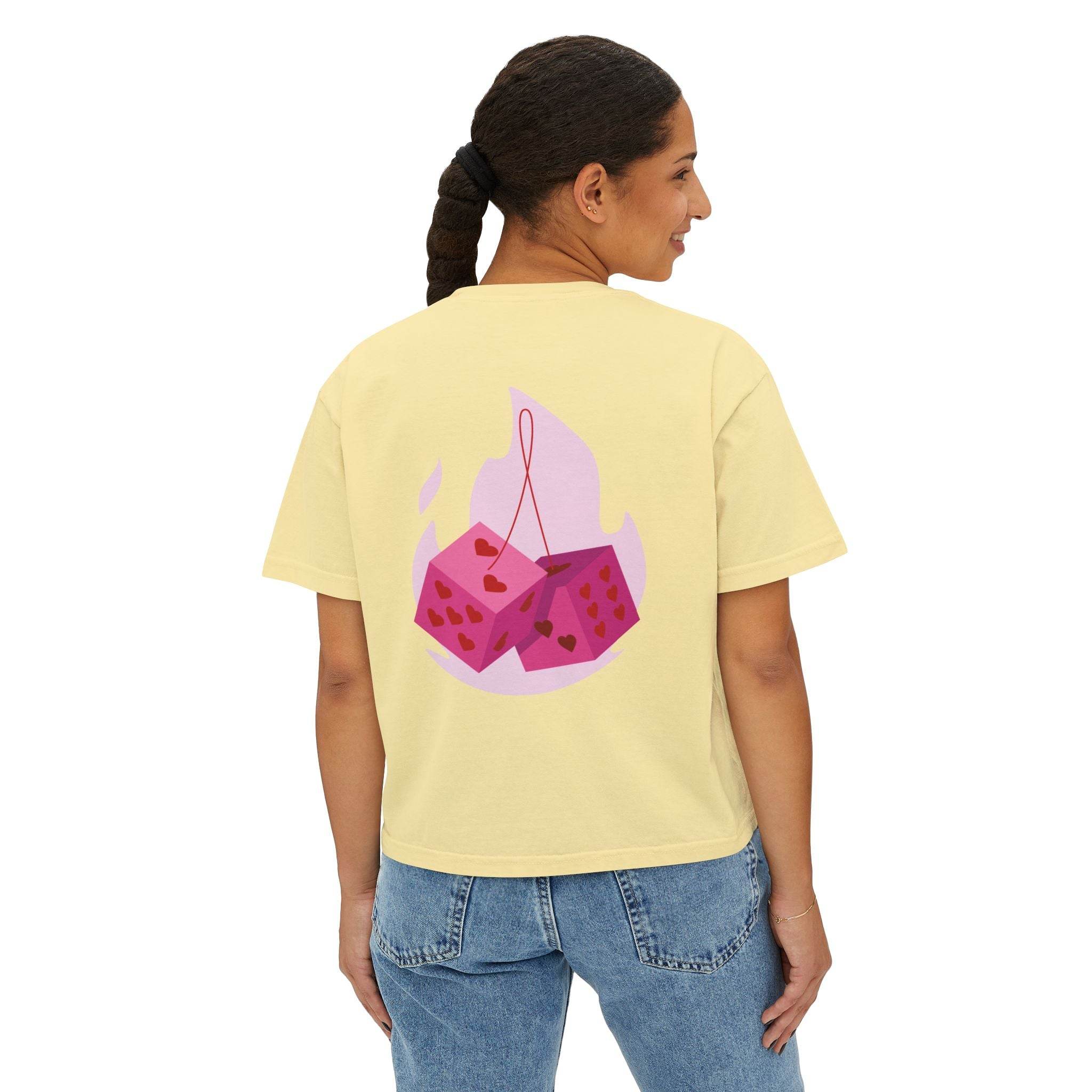 Eco-friendly women boxy tee by Printify in light yellow with pink dice graphic on back
