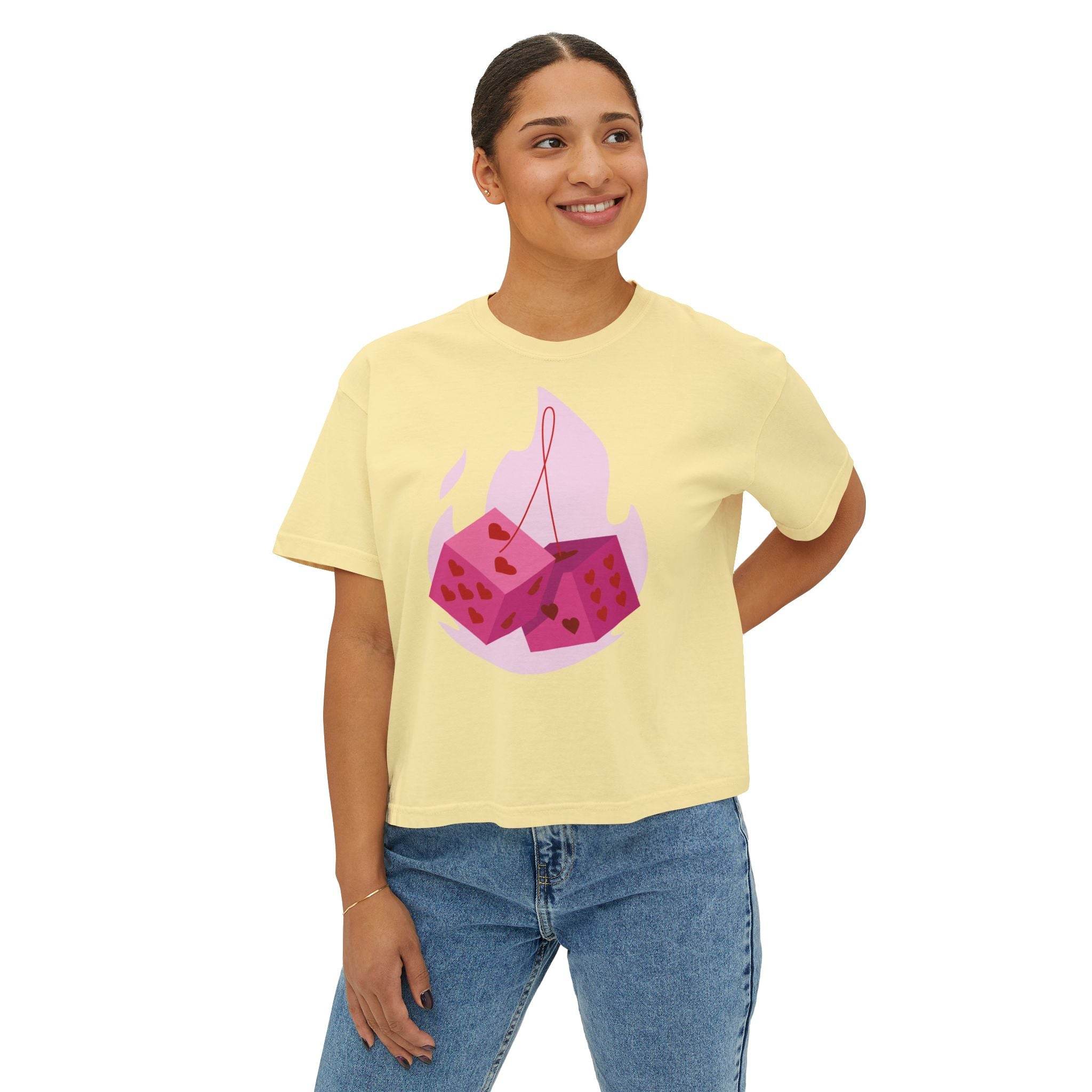 Printify eco-friendly women boxy tee in yellow with pink dice graphic worn with blue jeans