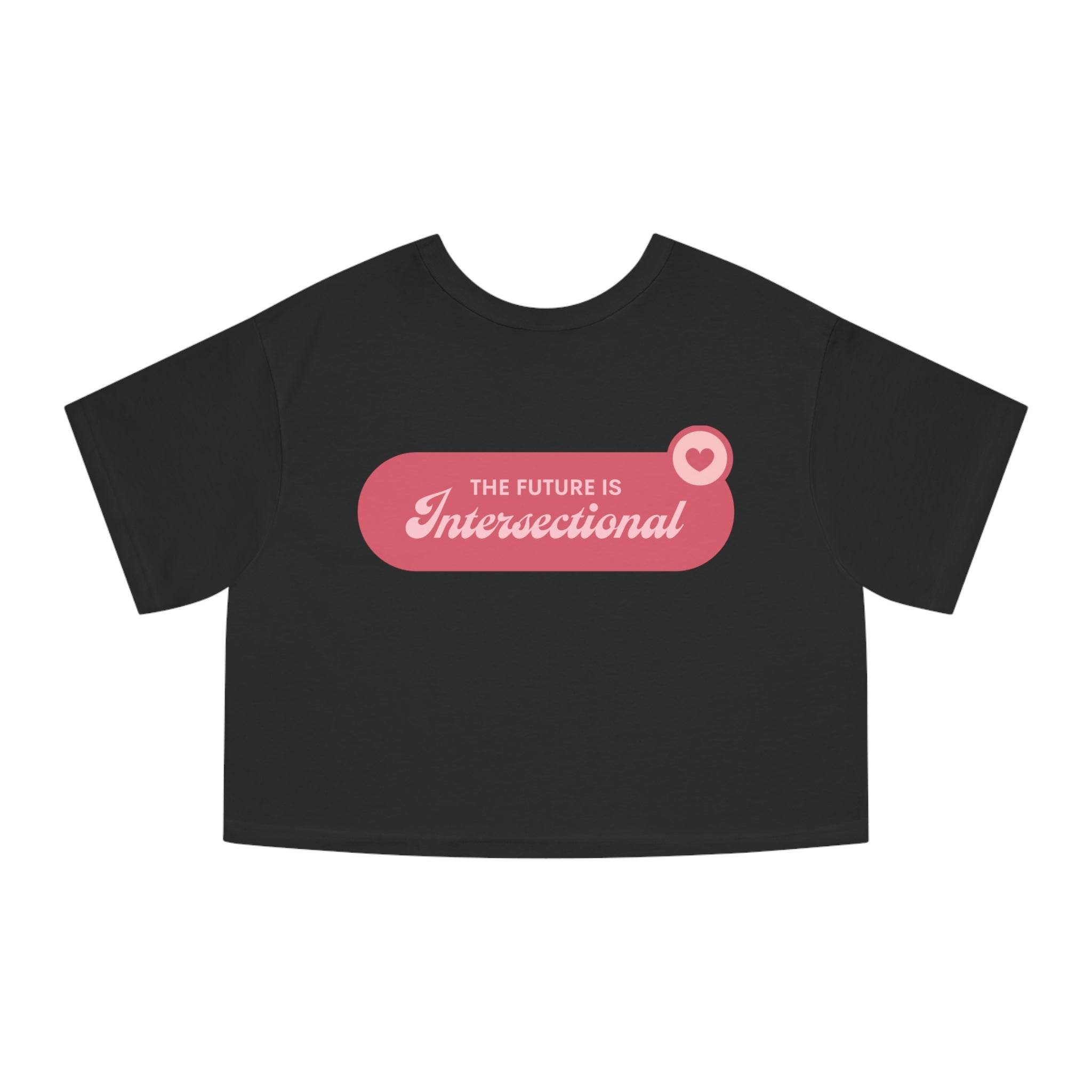 Black eco-friendly women cropped t-shirt with pink intersectional graphic and heart design