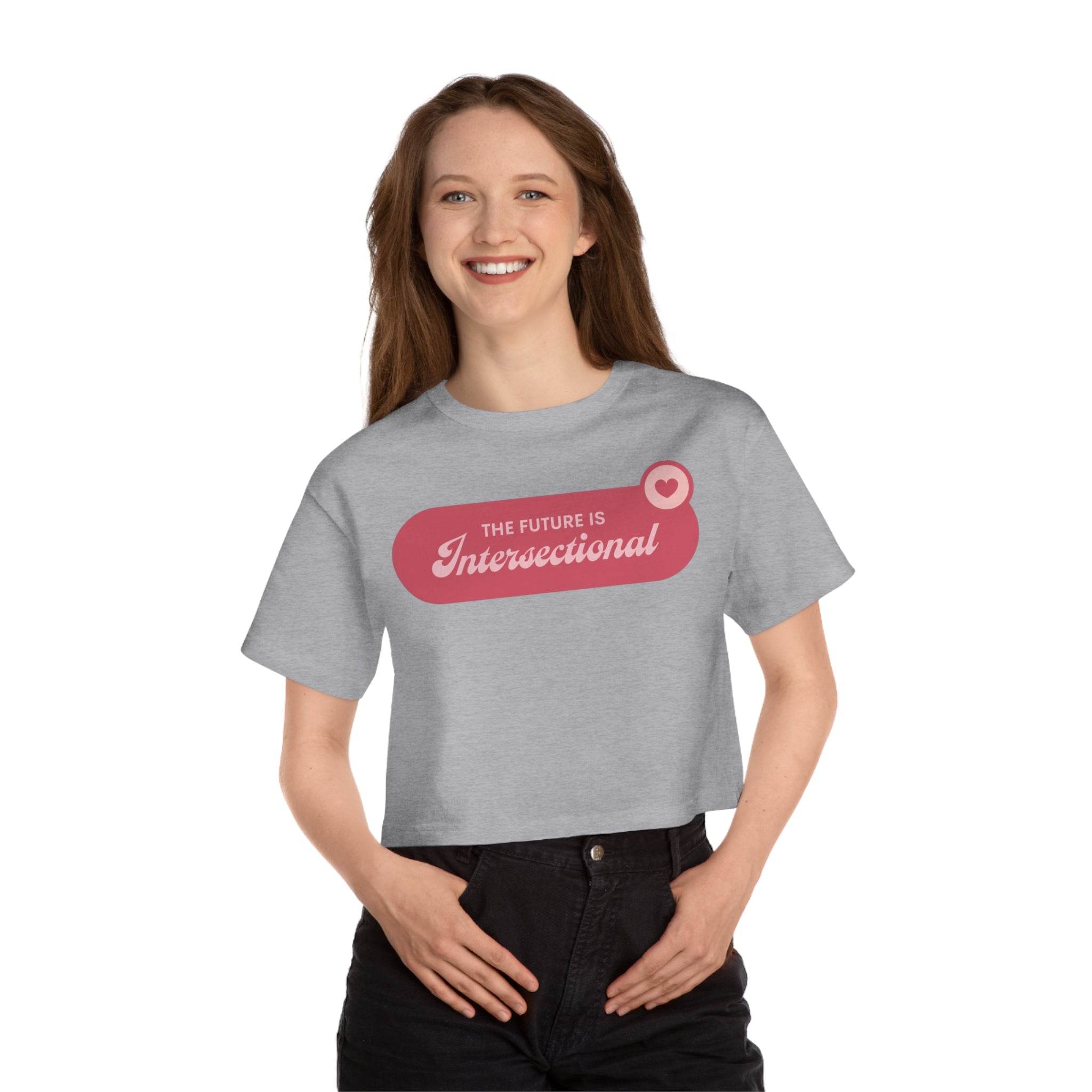Printify eco-friendly women cropped t-shirt in gray with The Future is Intersectional design
