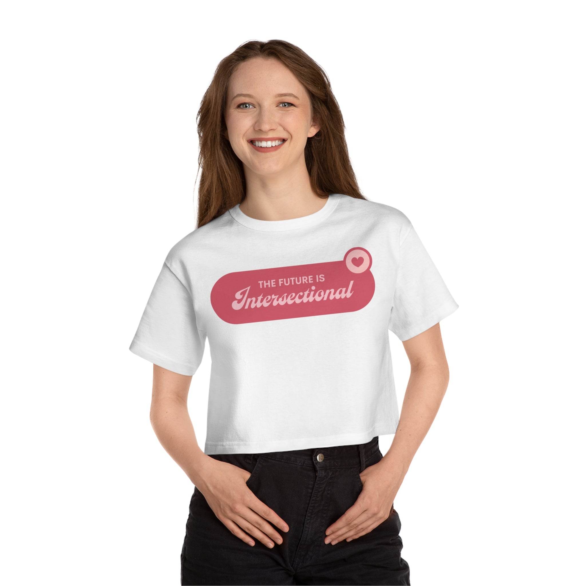 Printify eco-friendly women cropped t-shirt in white with The Future is Intersectional graphic design