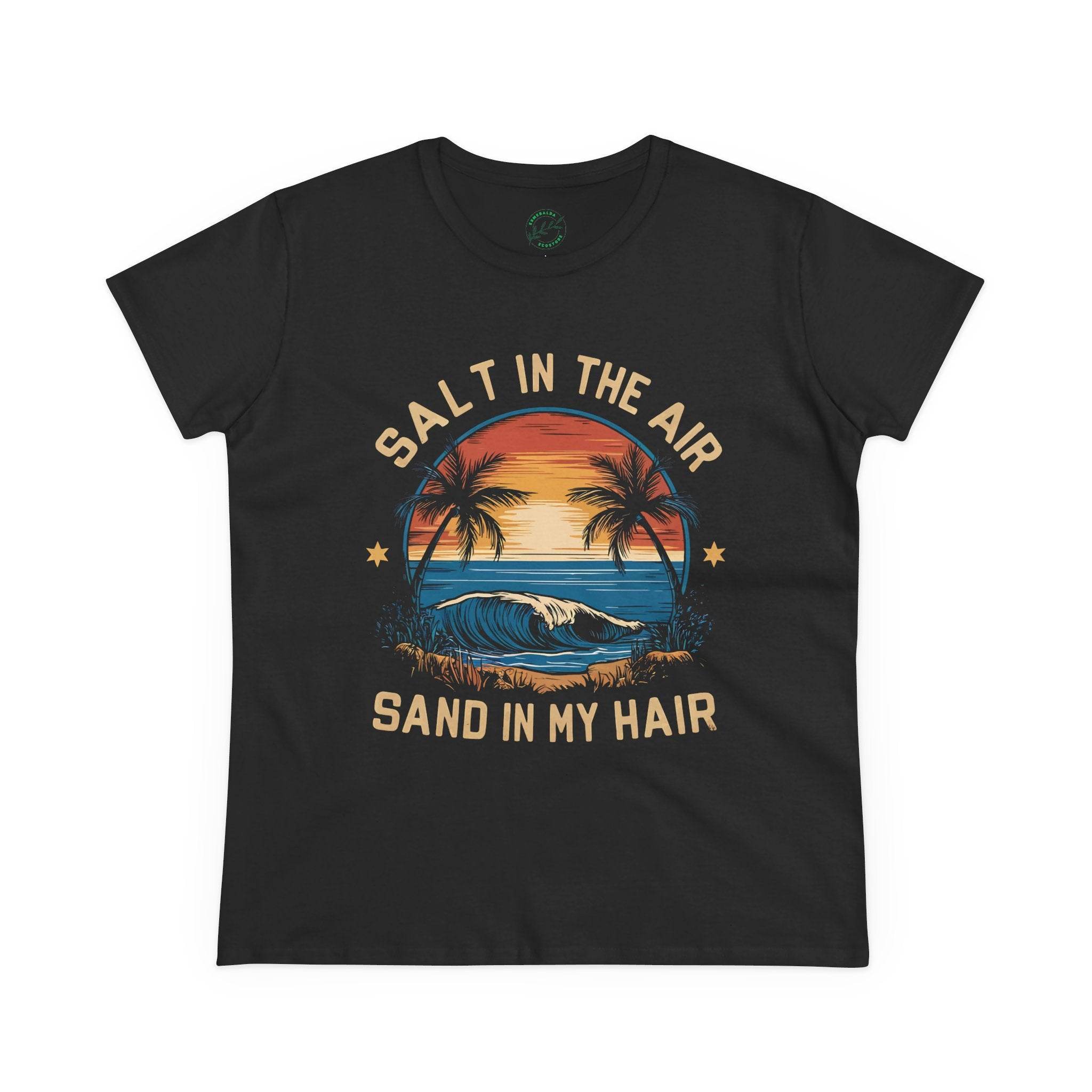 Printify eco-friendly women's cotton tee in black with sunset beach graphic and text salt in the air sand in my hair