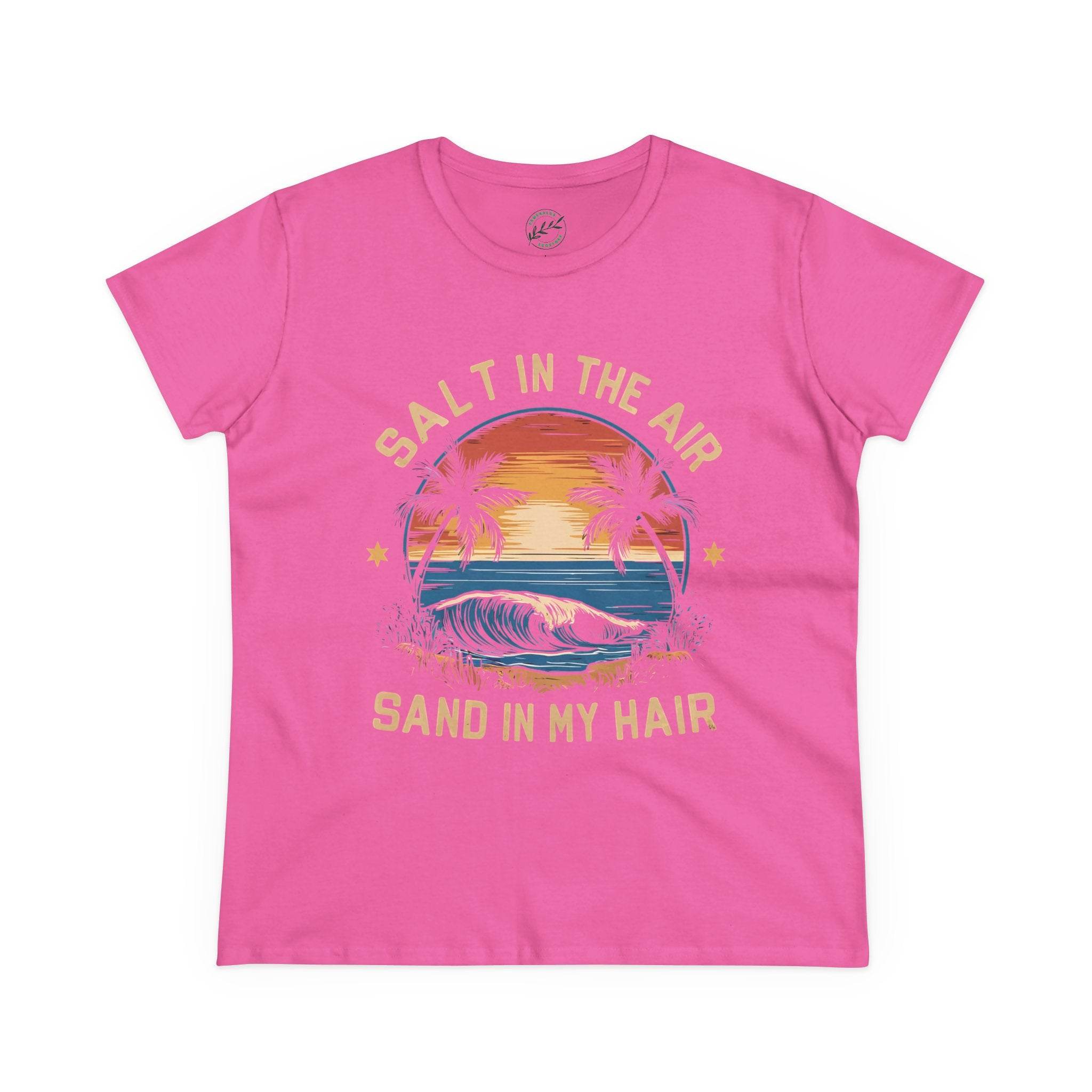 Pink eco-friendly women's cotton tee from Printify with sunset beach graphic and text salt in the air sand in my hair