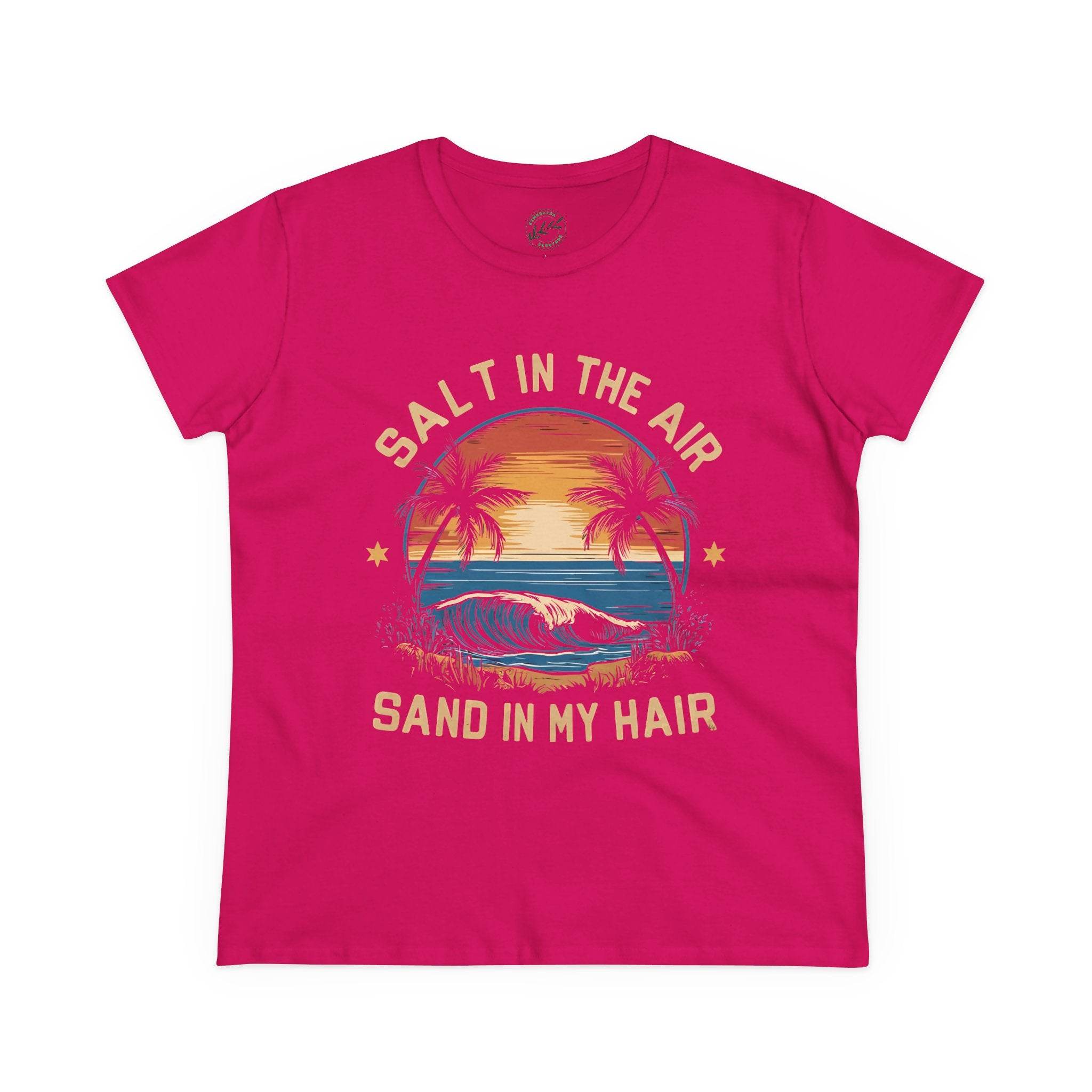Printify eco-friendly women's cotton tee in bright pink with Salt in the Air beach graphic