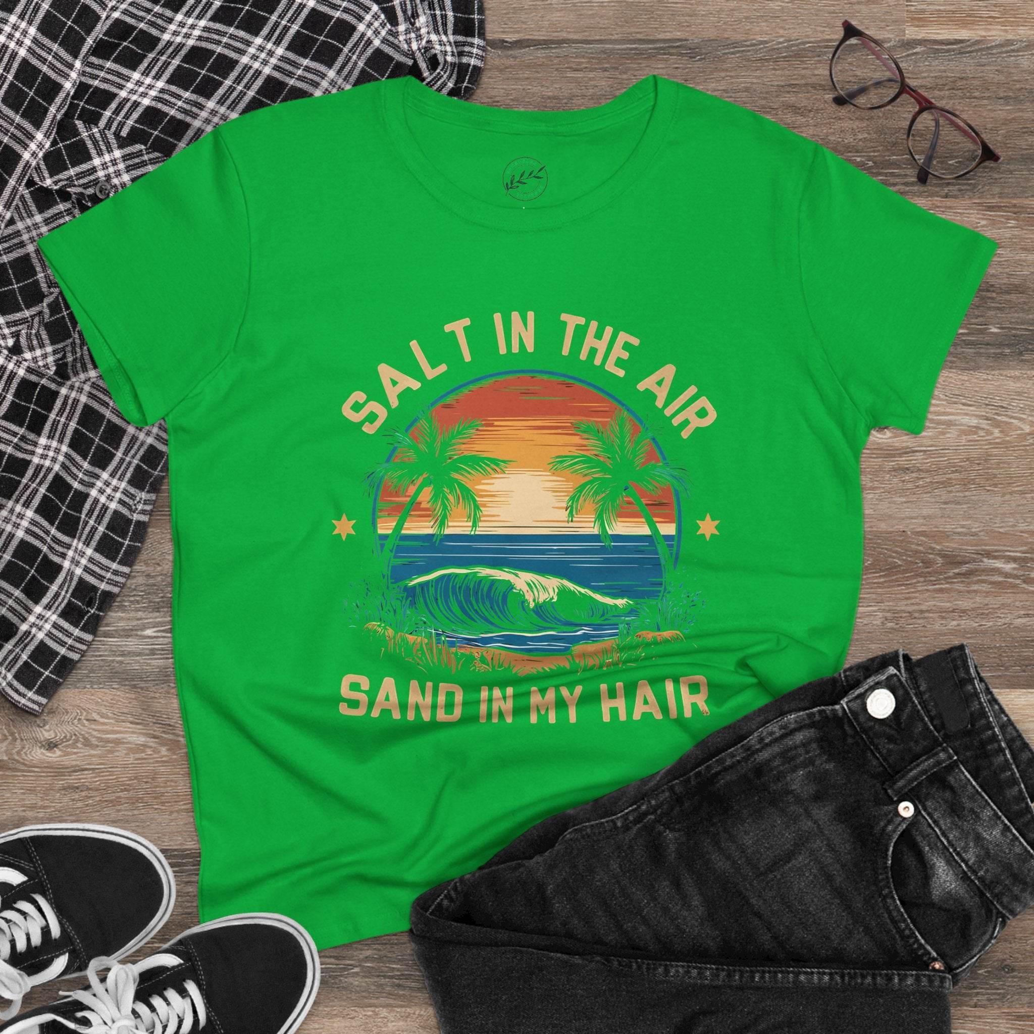 Green eco-friendly women's cotton tee by Printify with beach wave and palm tree design