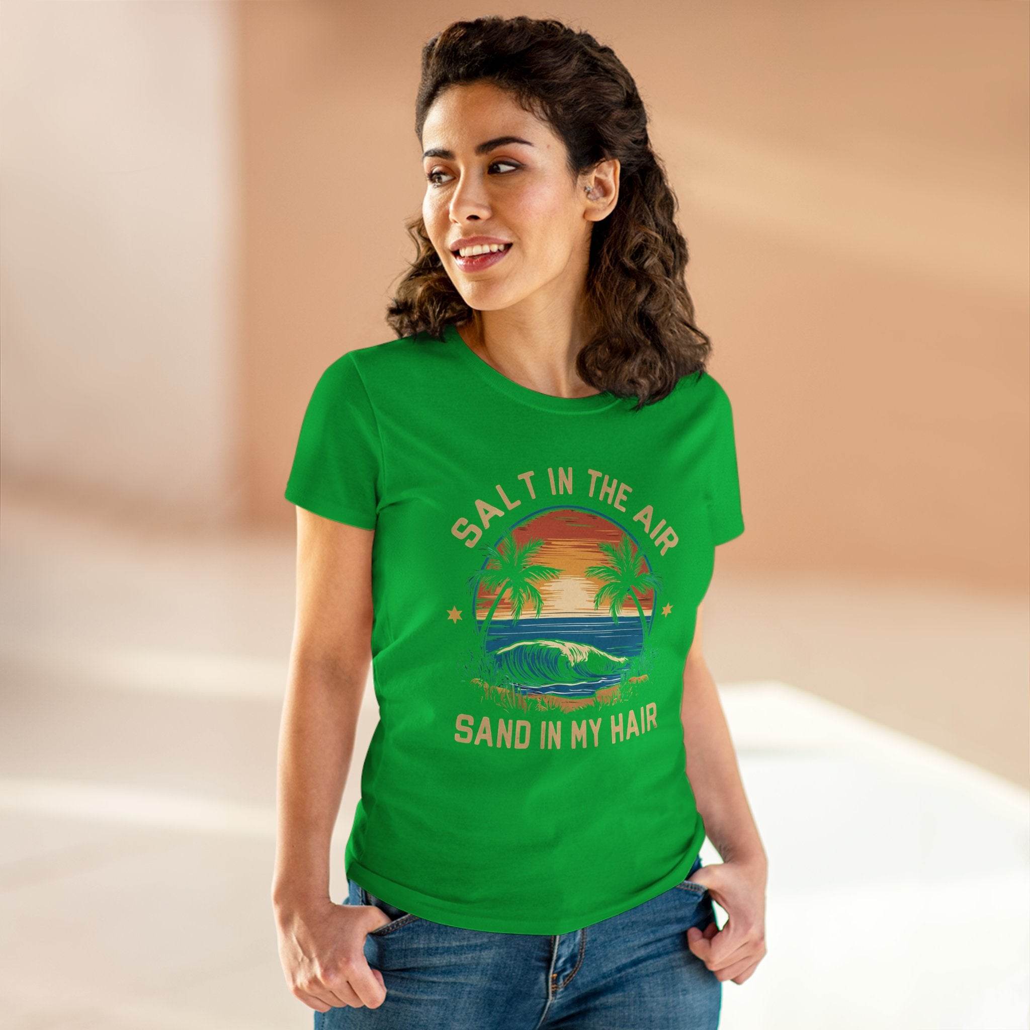 Printify eco-friendly women's cotton tee in green with tropical sunset and beach design