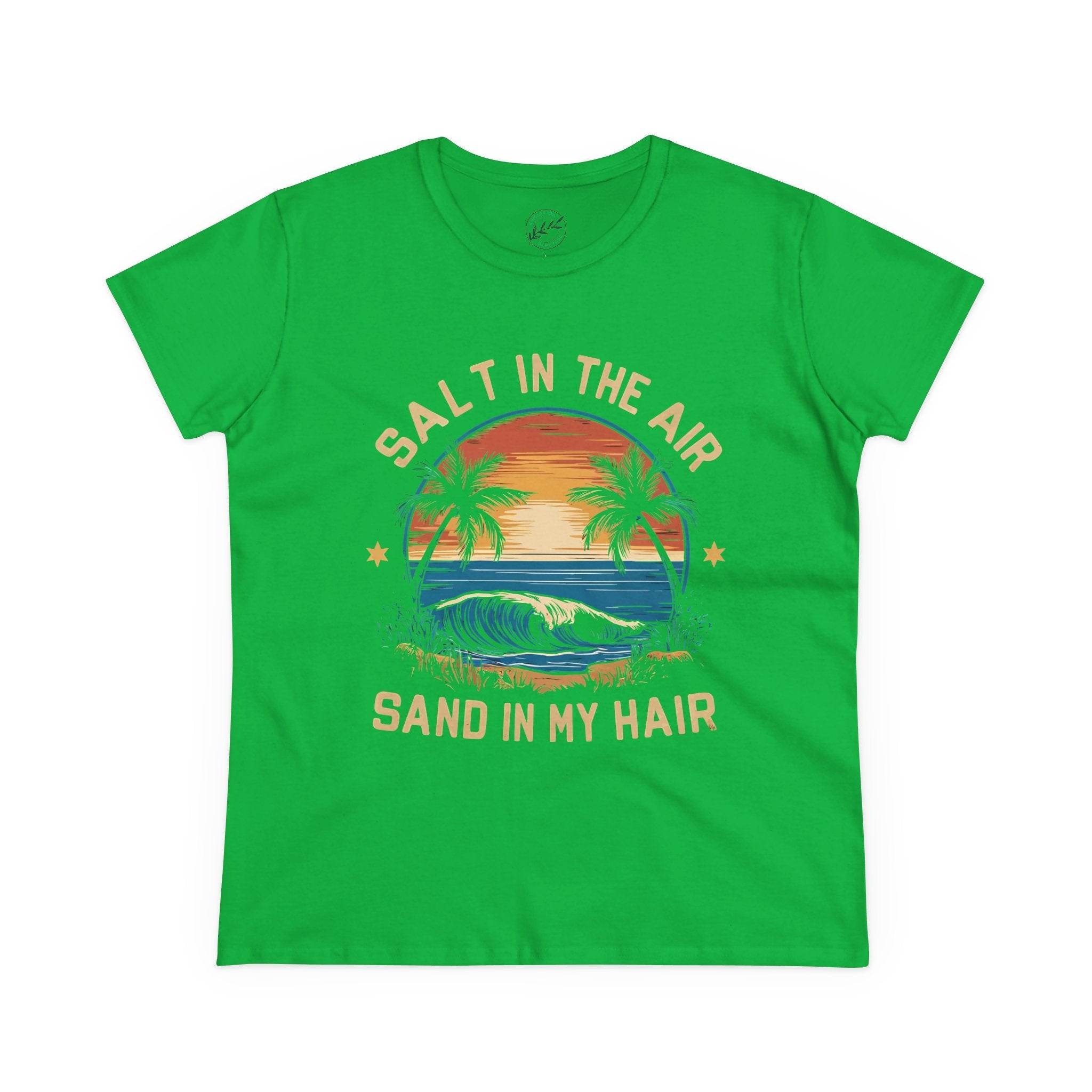 Green eco-friendly women's cotton tee by Printify with beach sunset and palm tree graphic