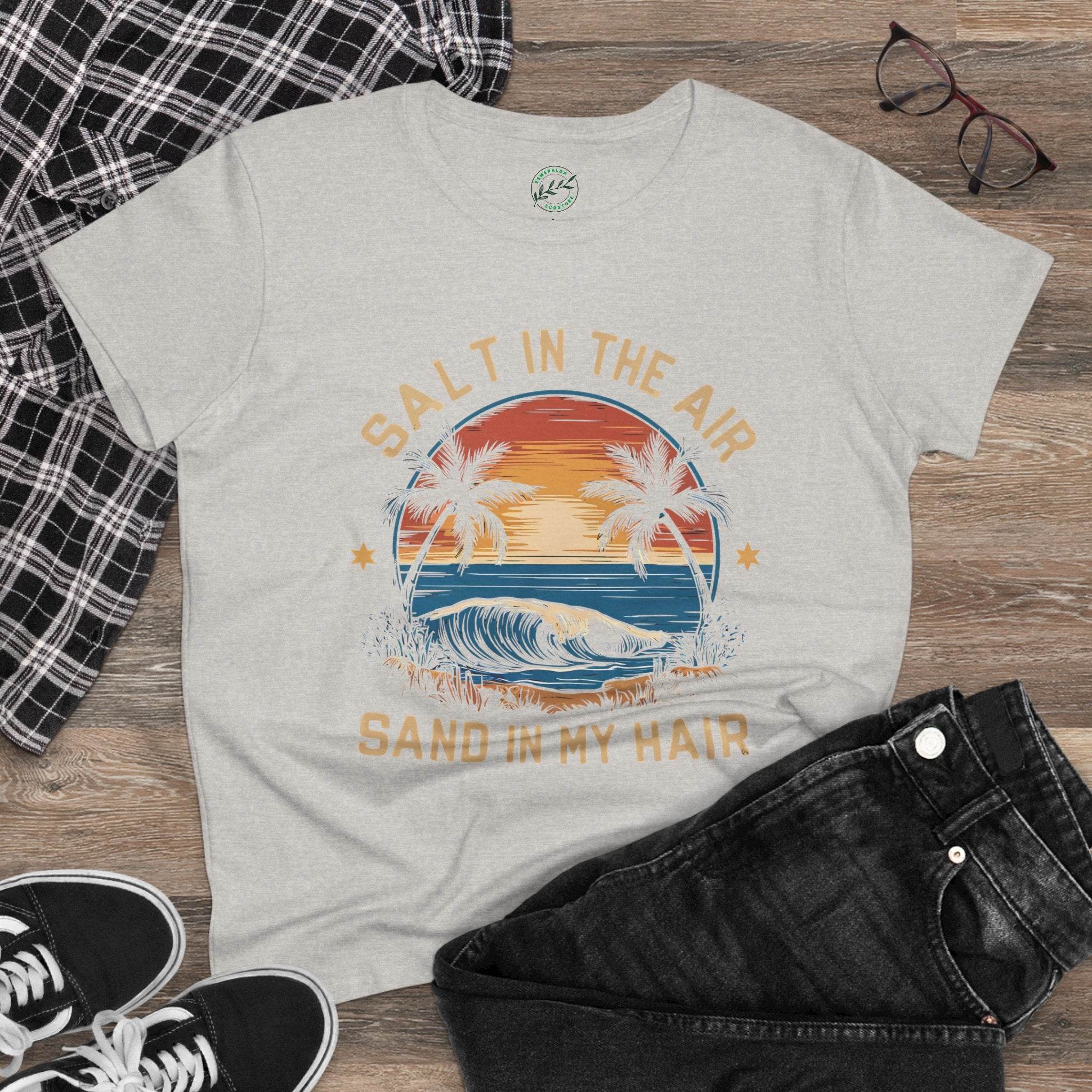 Printify eco-friendly women's cotton tee with beach sunset graphic and Salt in the Air design
