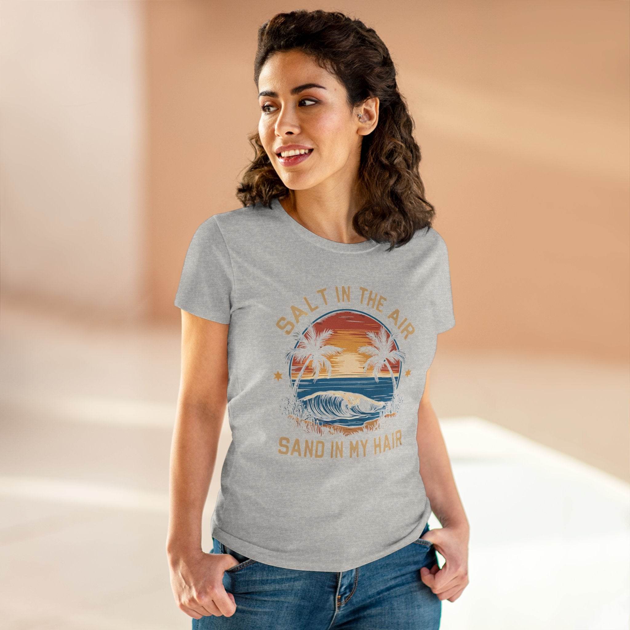 Printify eco-friendly women's cotton tee in light gray with beach sunset graphic and text salt in the air