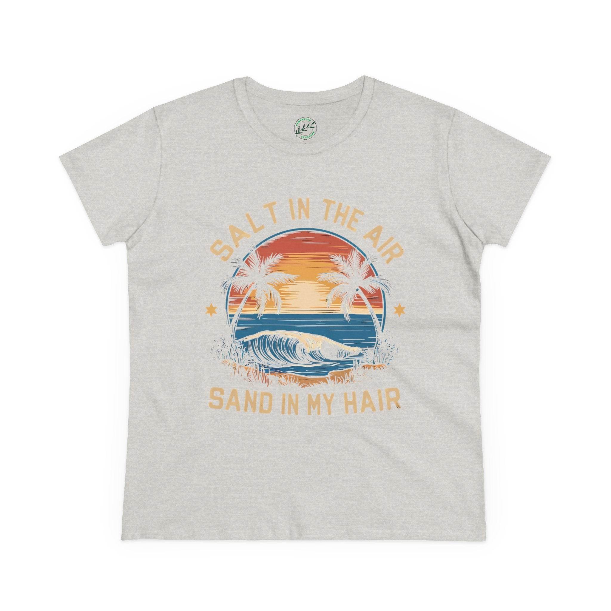 Printify eco-friendly women's cotton tee with beach sunset and palm tree design