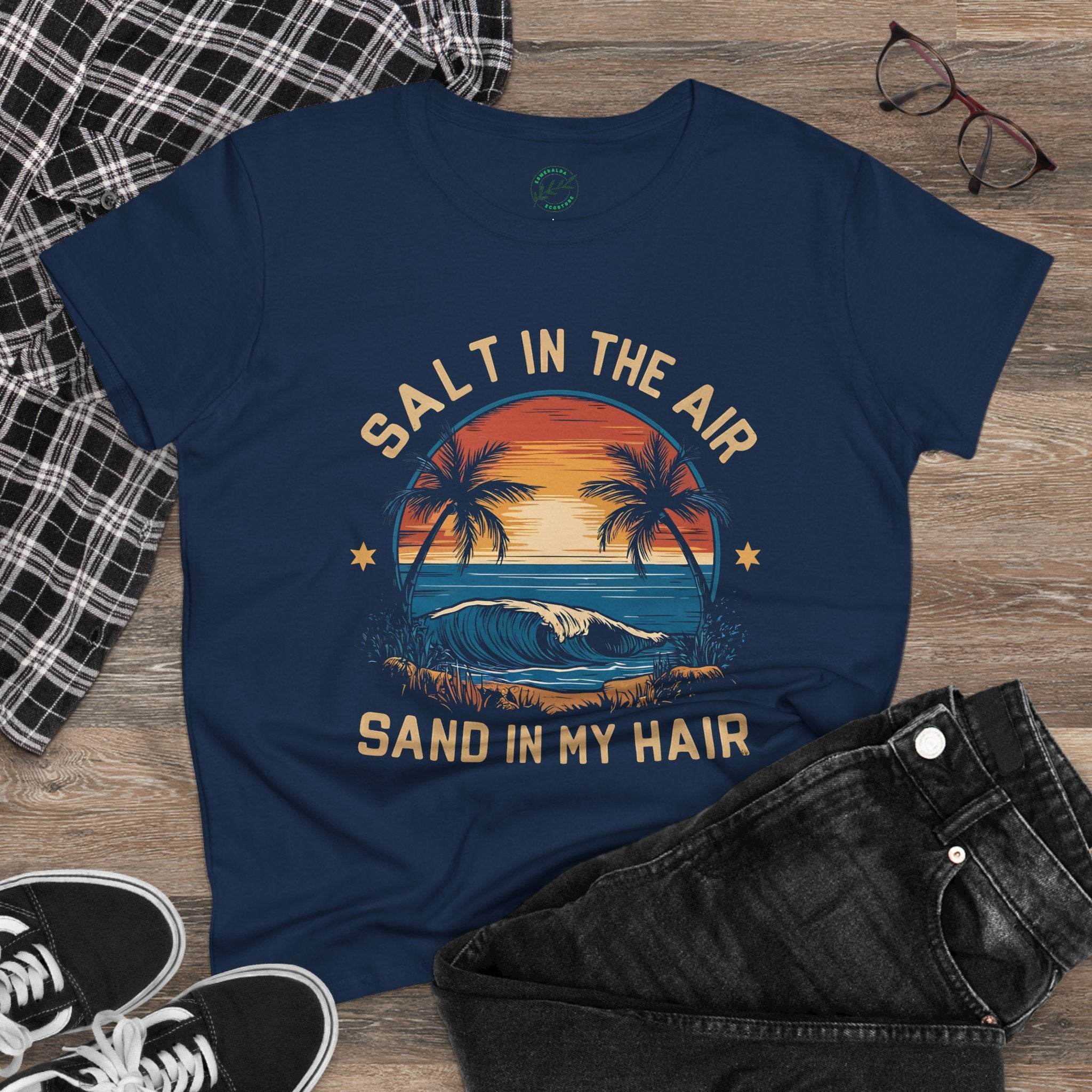 Printify eco-friendly women's cotton tee navy blue with beach sunset graphic and text salt in the air sand in my hair
