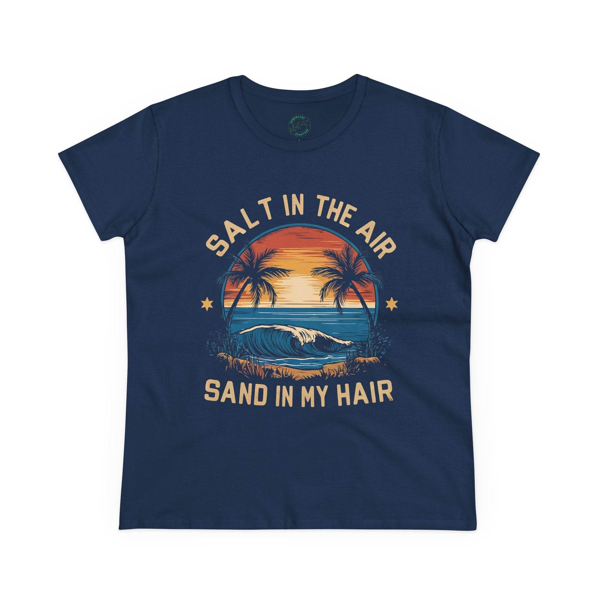 Printify eco-friendly women's cotton tee in navy with sunset beach graphic and text salt in the air sand in my hair