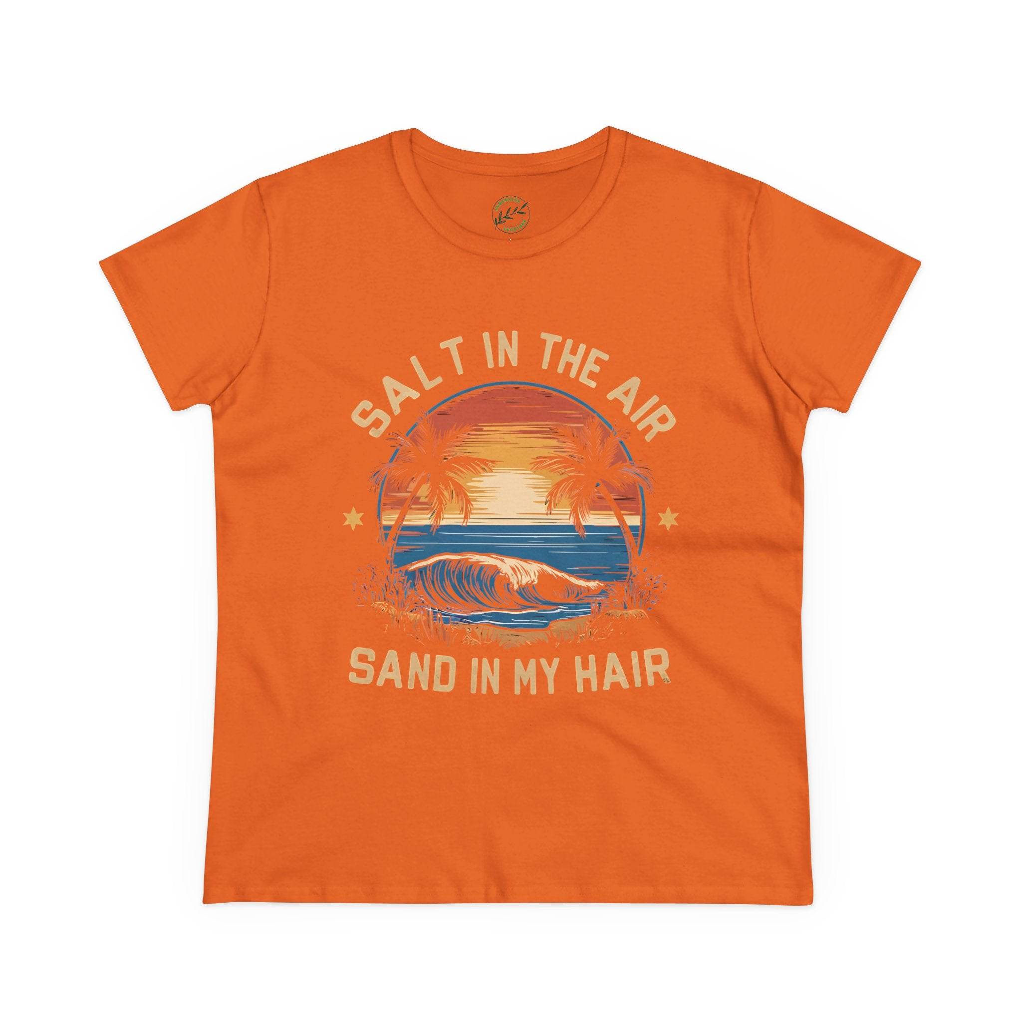 Printify eco-friendly women's cotton tee in orange with beach sunset and ocean wave design