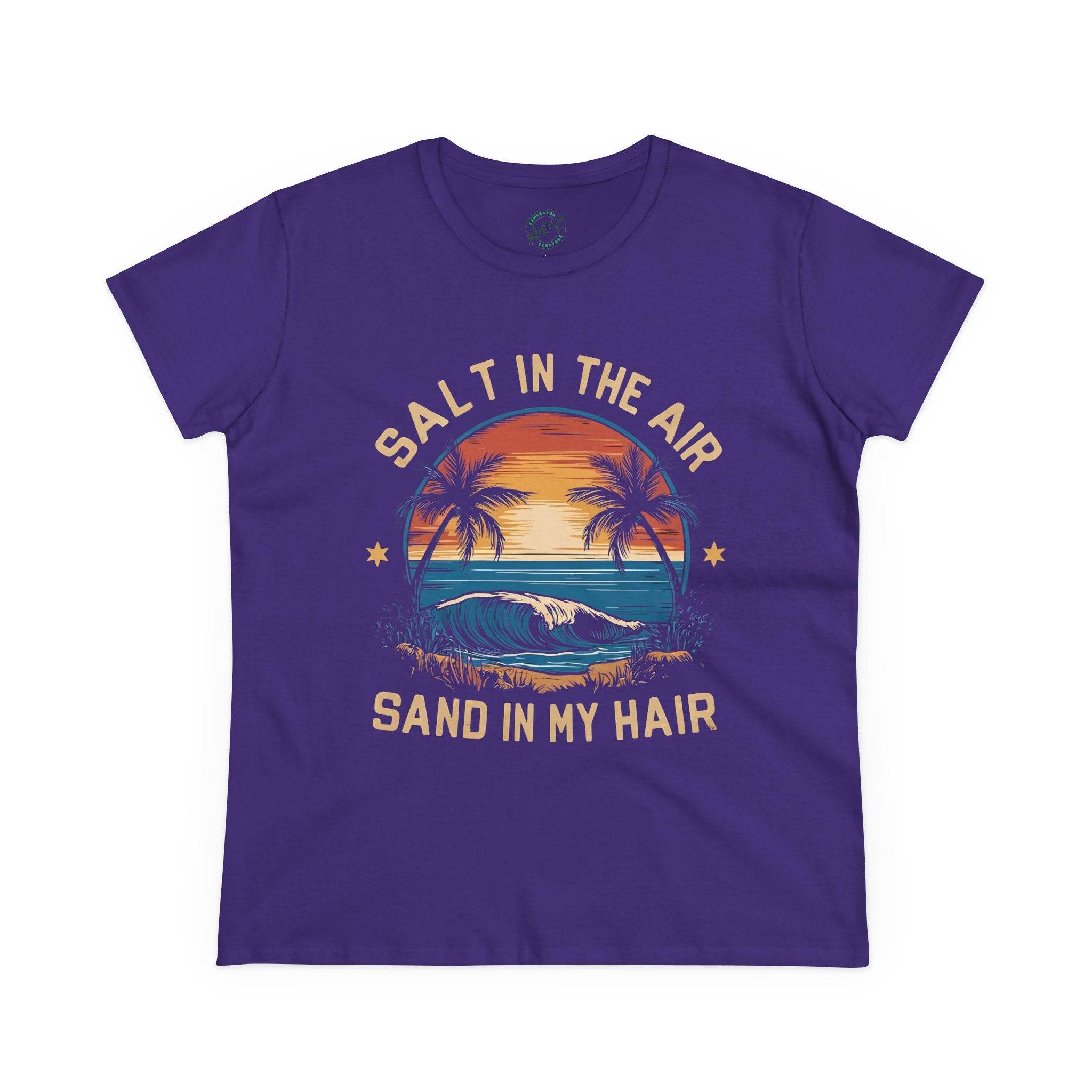 Printify eco-friendly women's cotton tee in purple with vintage beach sunset and surf design