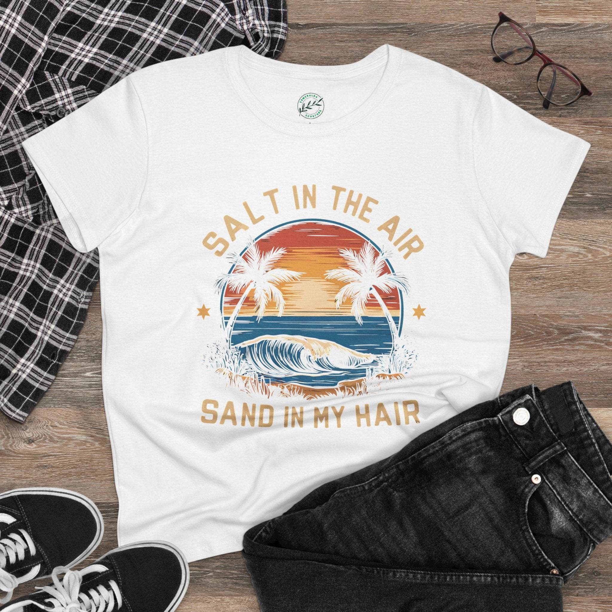 Printify eco-friendly women's cotton tee with beach sunset and wave graphic lightweight casual top