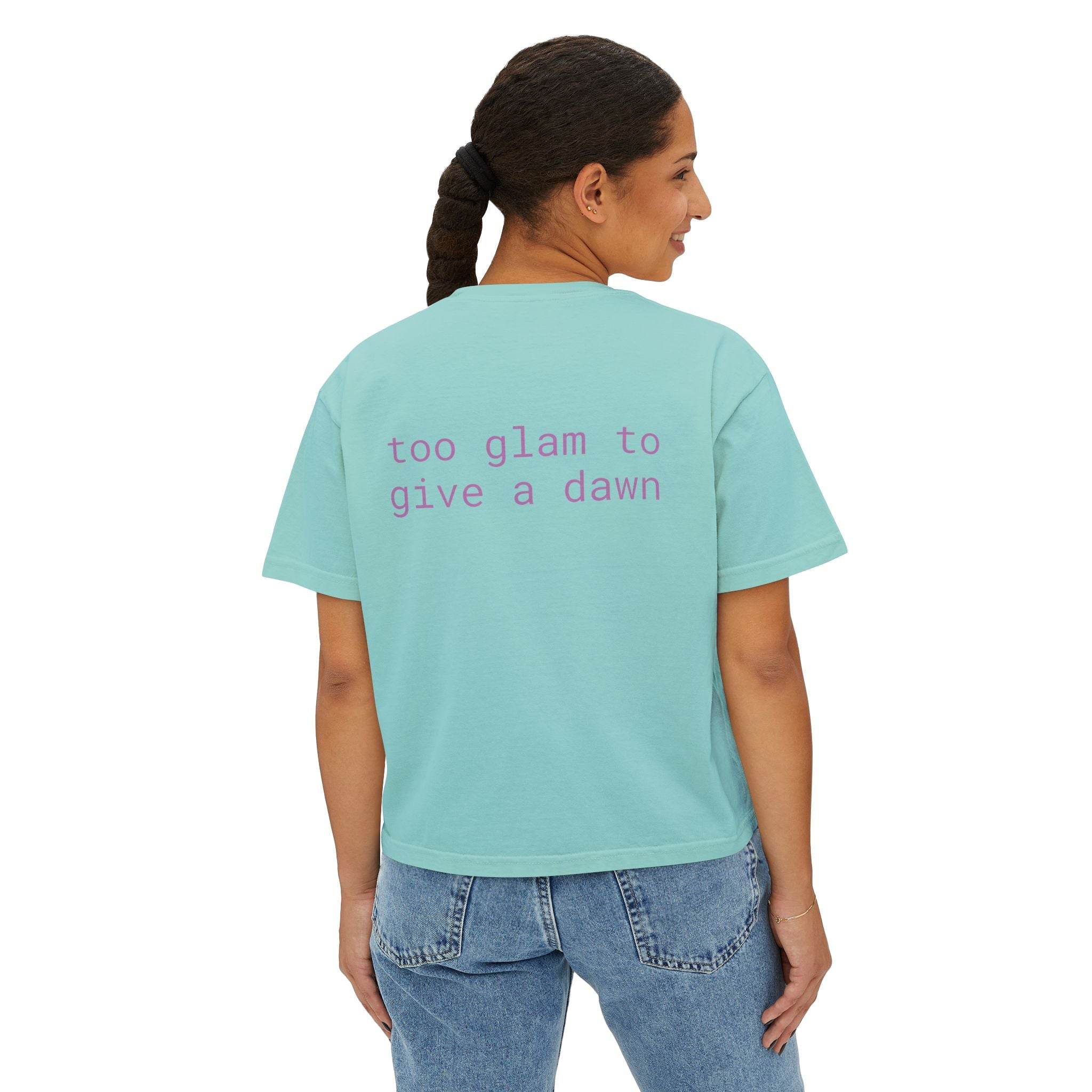 Printify eco-friendly women's graphic tee in light blue with purple text too glam to give a dawn