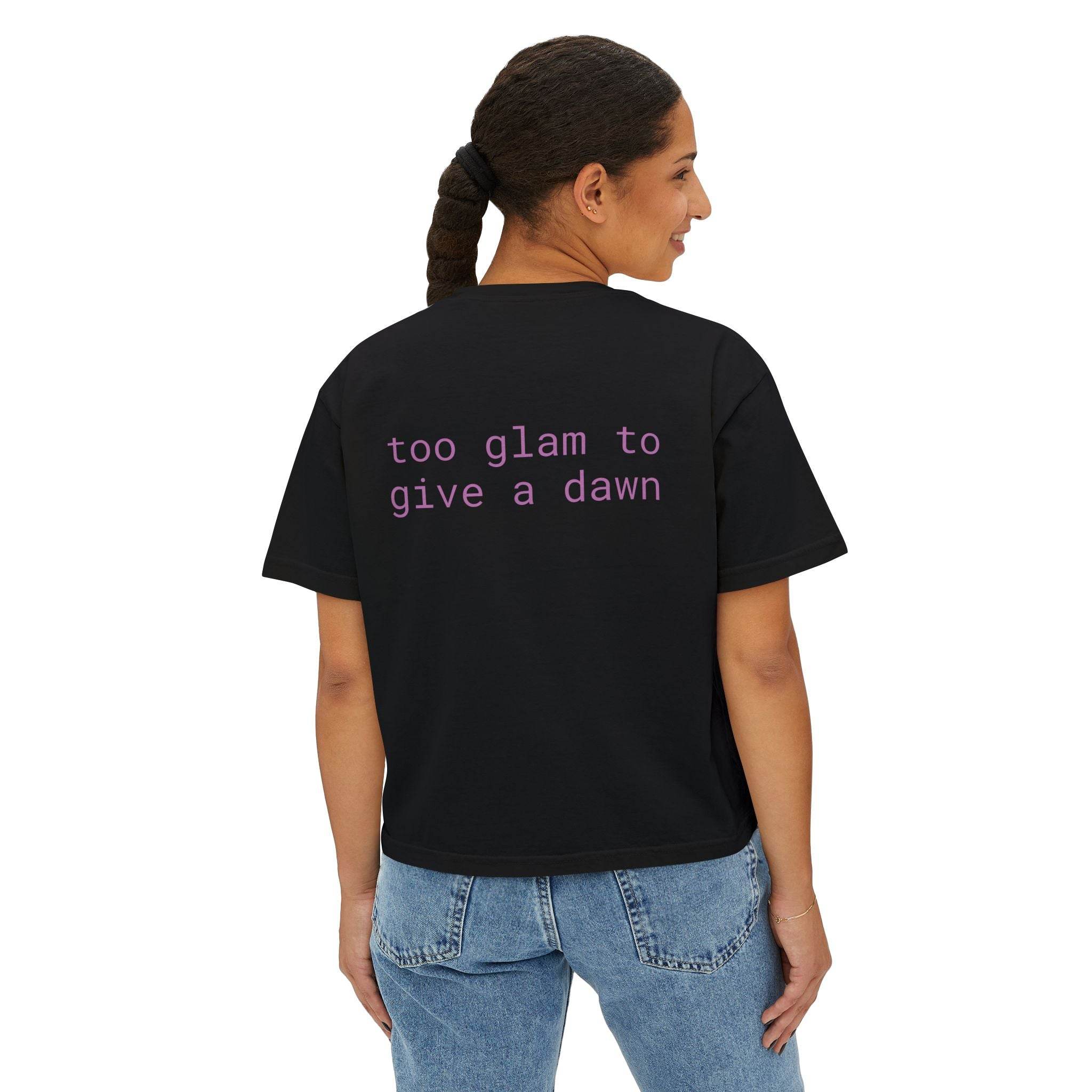 Printify eco-friendly women's graphic tee black with purple text too glam to give a dawn on back
