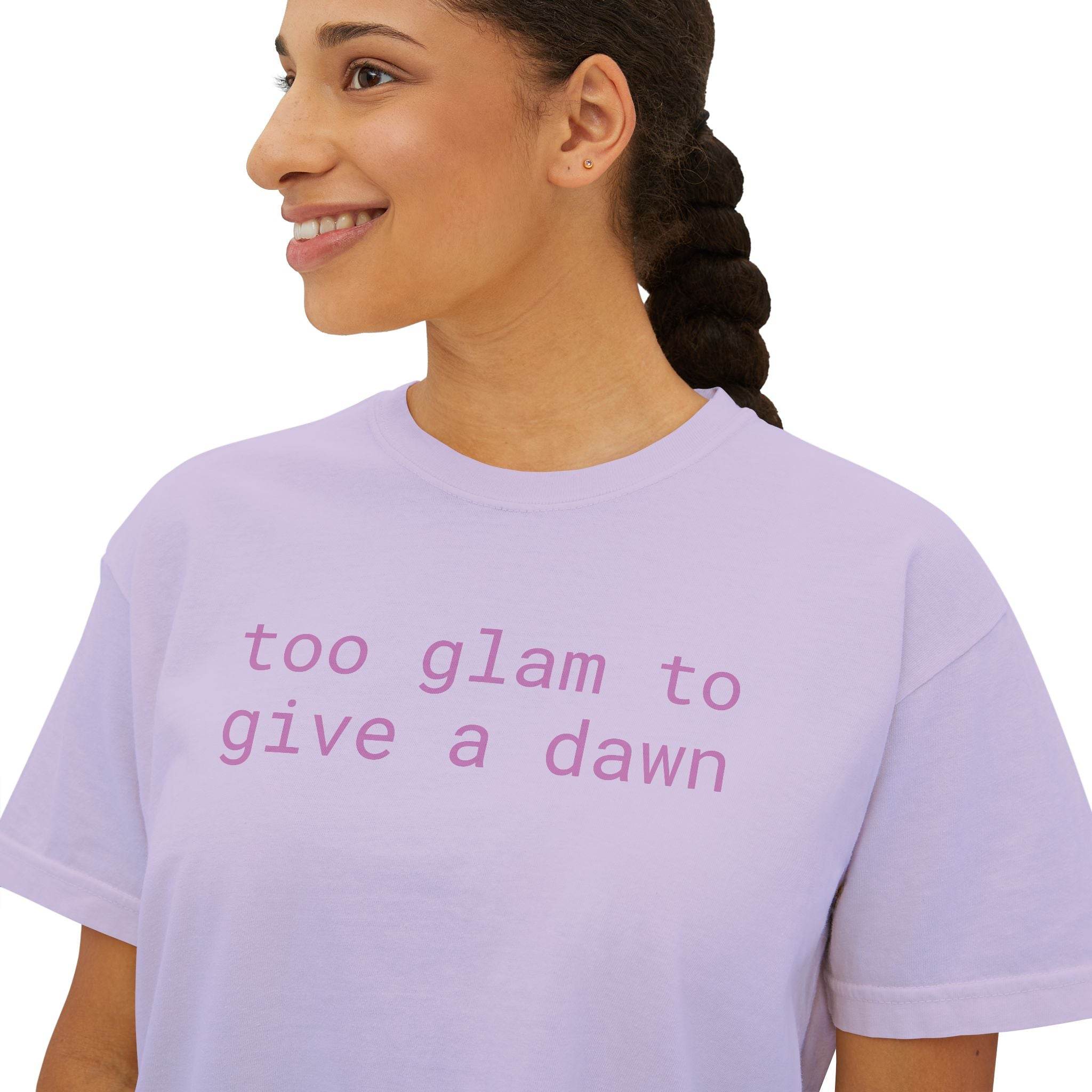 Printify eco-friendly women's graphic tee in lavender with too glam to give a dawn text design