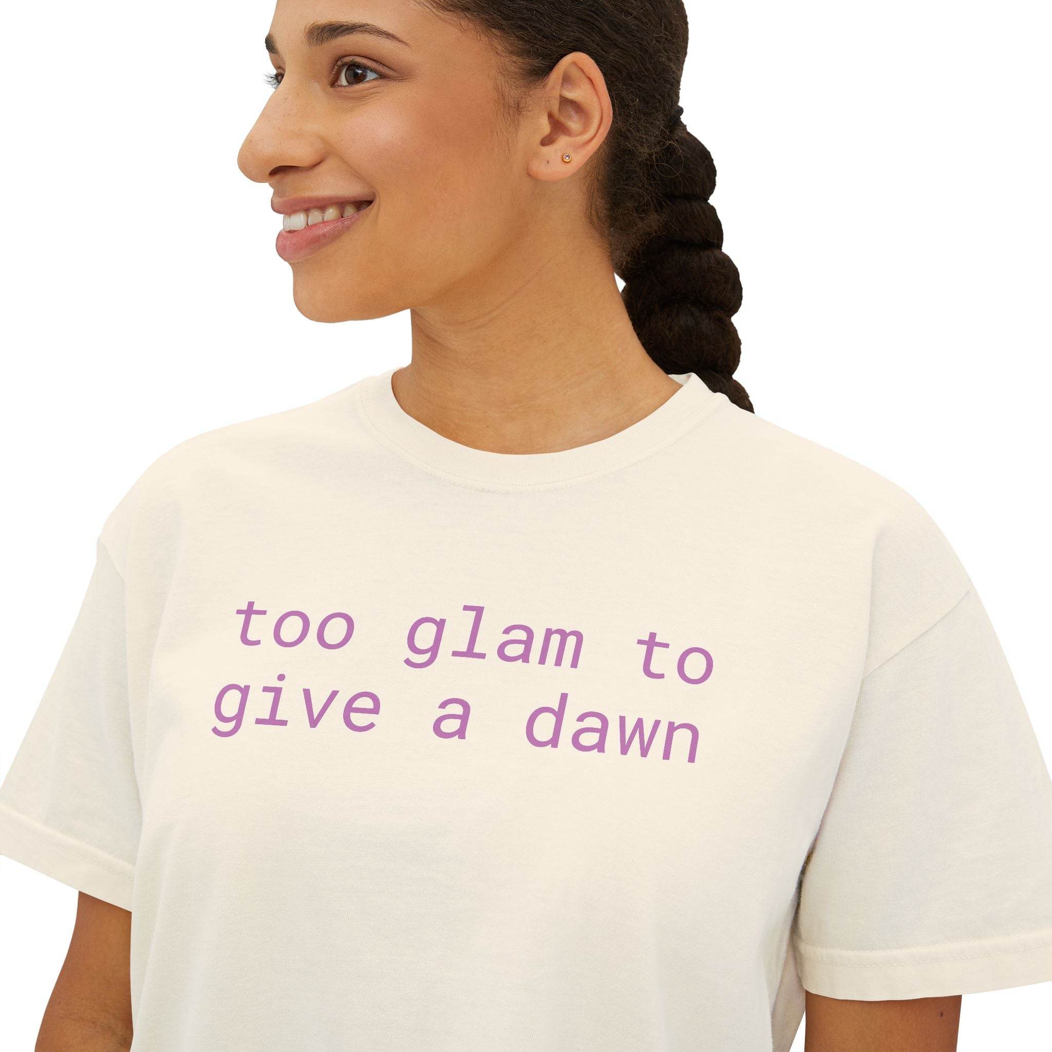 Printify eco-friendly women's graphic tee with too glam to give a dawn text in purple